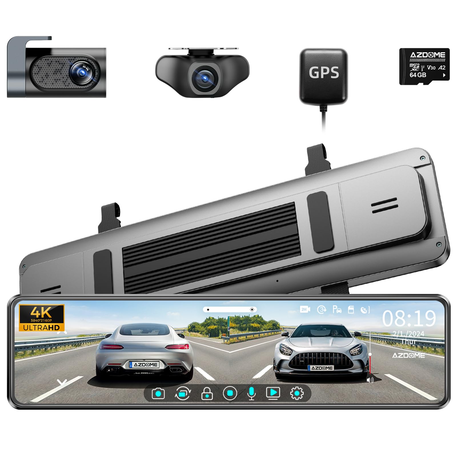 AZDOME11.88" Screen Mirror Dash Cam Backup Camera, 2.5K 1440P Front, 1080P Rear Rearview Mirror for Cars, GPS, Night Vision, Loop Recording, G-Sensor, Parking Mode, Capacitor, with 32G Card (PG18S)