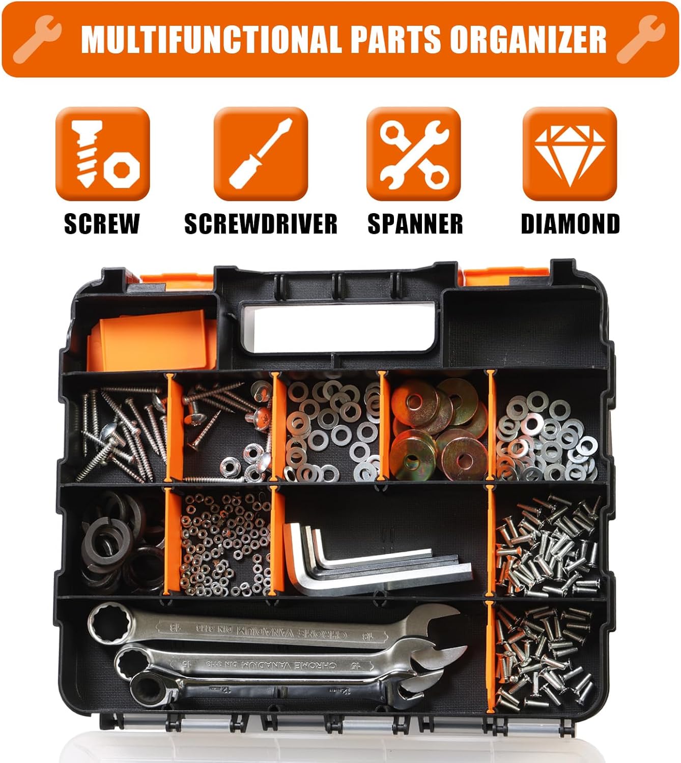BIG RED AG322R Torin Double Sided Tool and Hardware Storage Box: Portable Small Parts Organizer with Removable Plastic Dividers for Tools, Small Items and Jewelry, Black/Orange