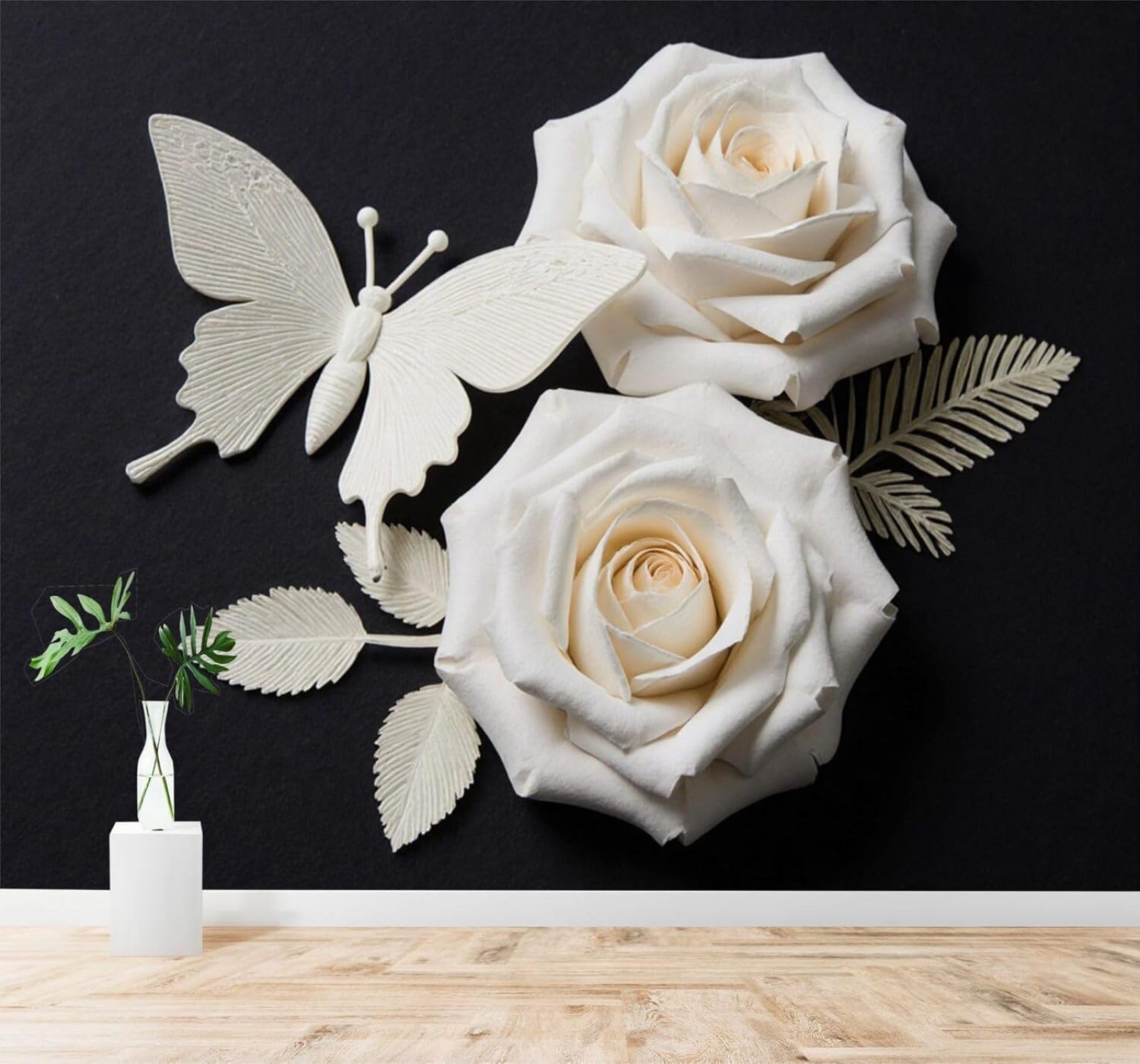 Xlming 350Cm×256Cm(B×H) Black Background Minimalist White Roses Butterflies Leaves 3D Wallpaper Silky Texture Home Study Office Grey Dining Room Sofa Bedroom Living Room Tv Backdrop-350Cm×256Cm
