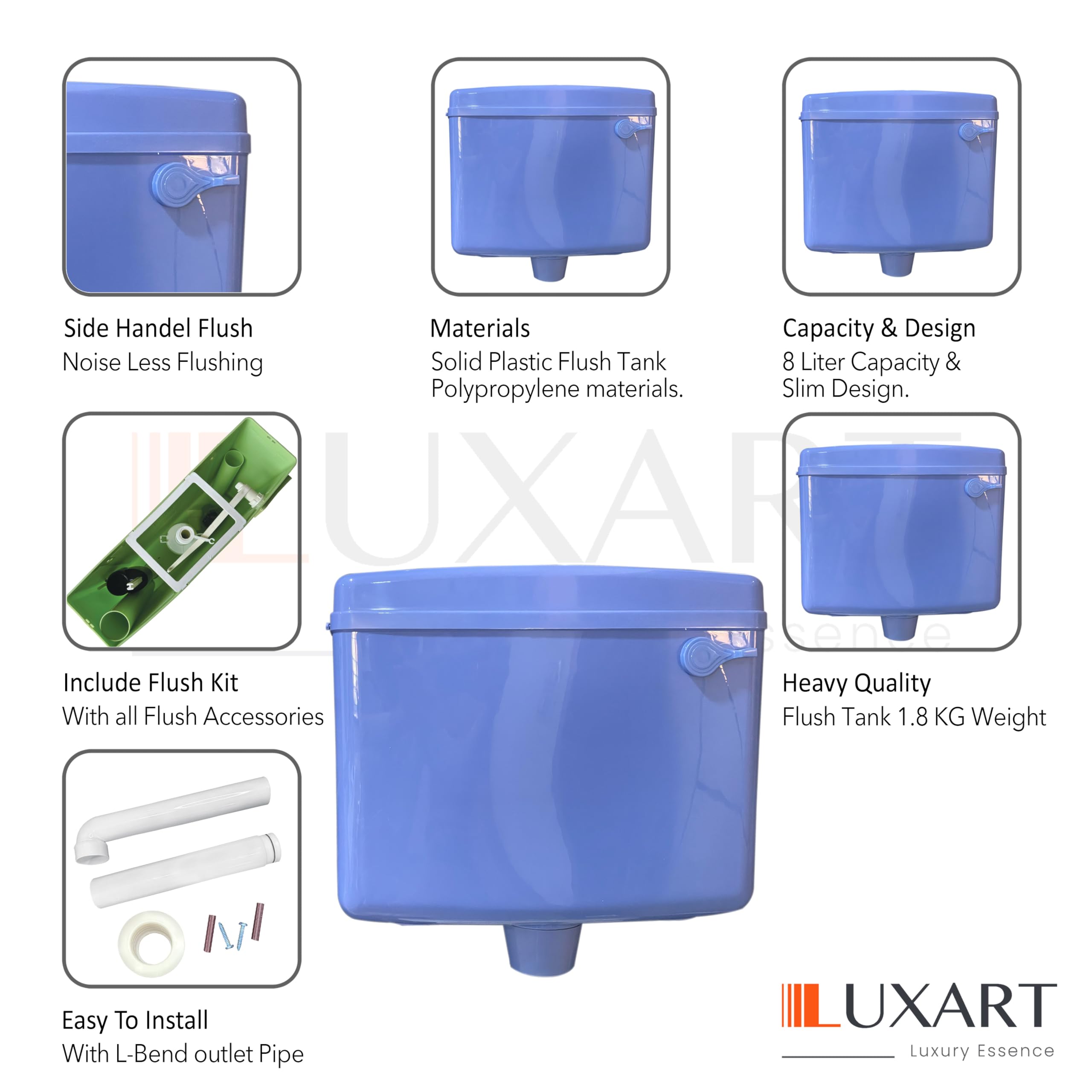 LUXART 8-Liter Side Handle Flush Tank For Toilet| AL-Blue | Slim Wall Mounted Polypropylene Cistern with Side Handle Mechanism | Air Freshener Slot & Complete Kit 2