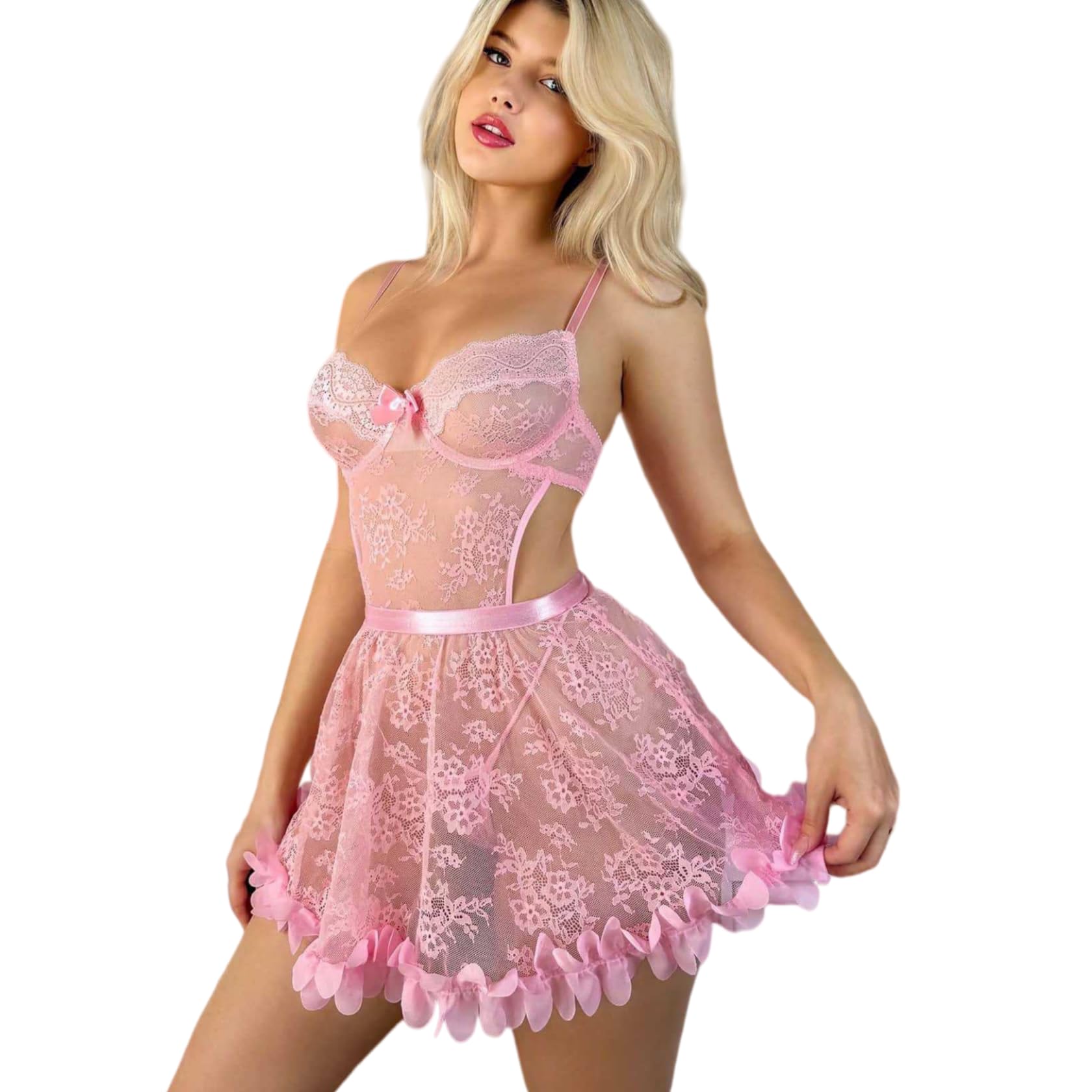 Babydoll Robe Babydoll Courte Et Sexy en Dentelle Transparente Brodée À Motif De Pétales pour Femme.