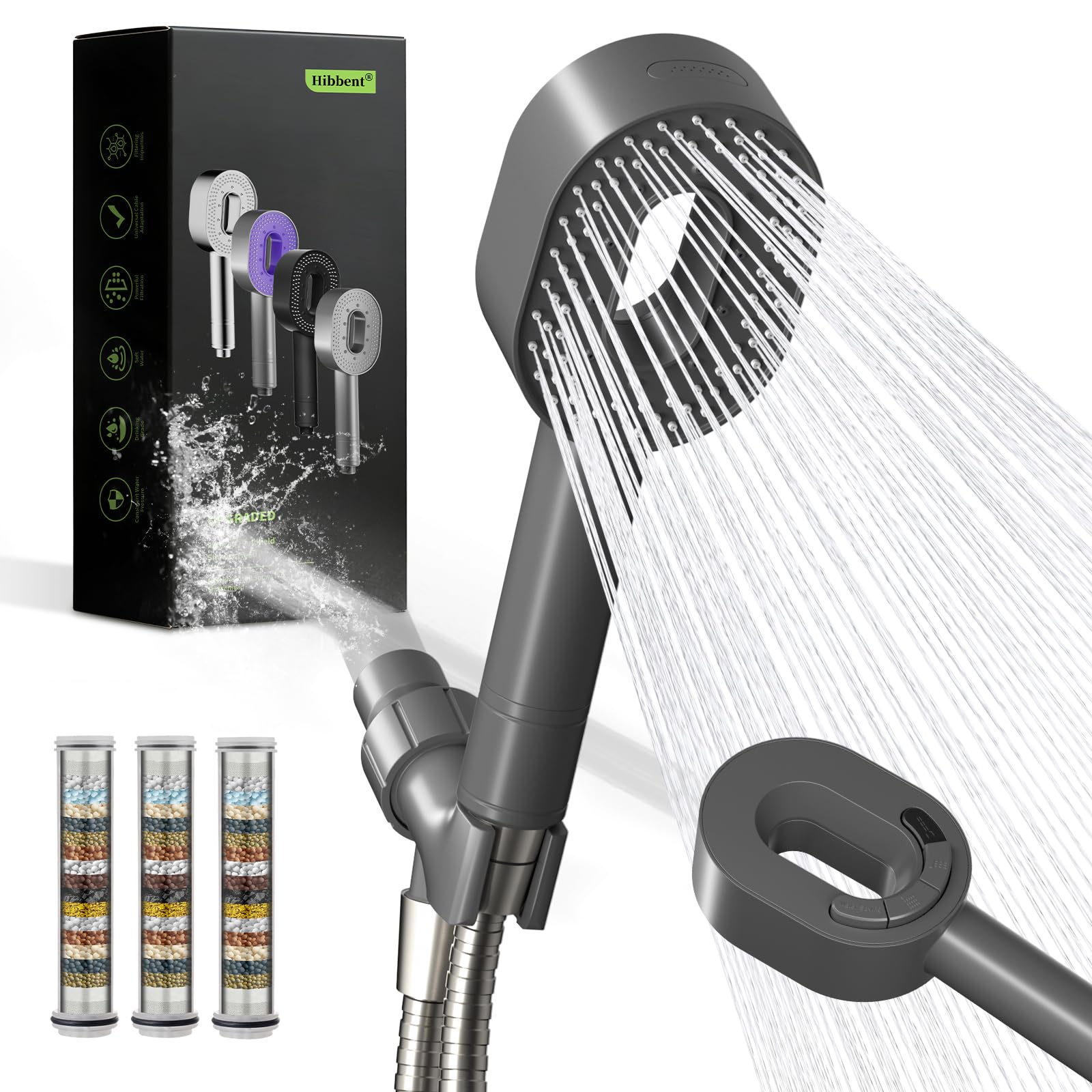 Hibbent Cabezal de ducha filtrado con mano, cabezal de ducha de alta presión, 5 pulverizadores, boquillas antiobstrucciones, soporte de latón y manguera de metal de 71 pulgadas, 3 filtros suavizantes