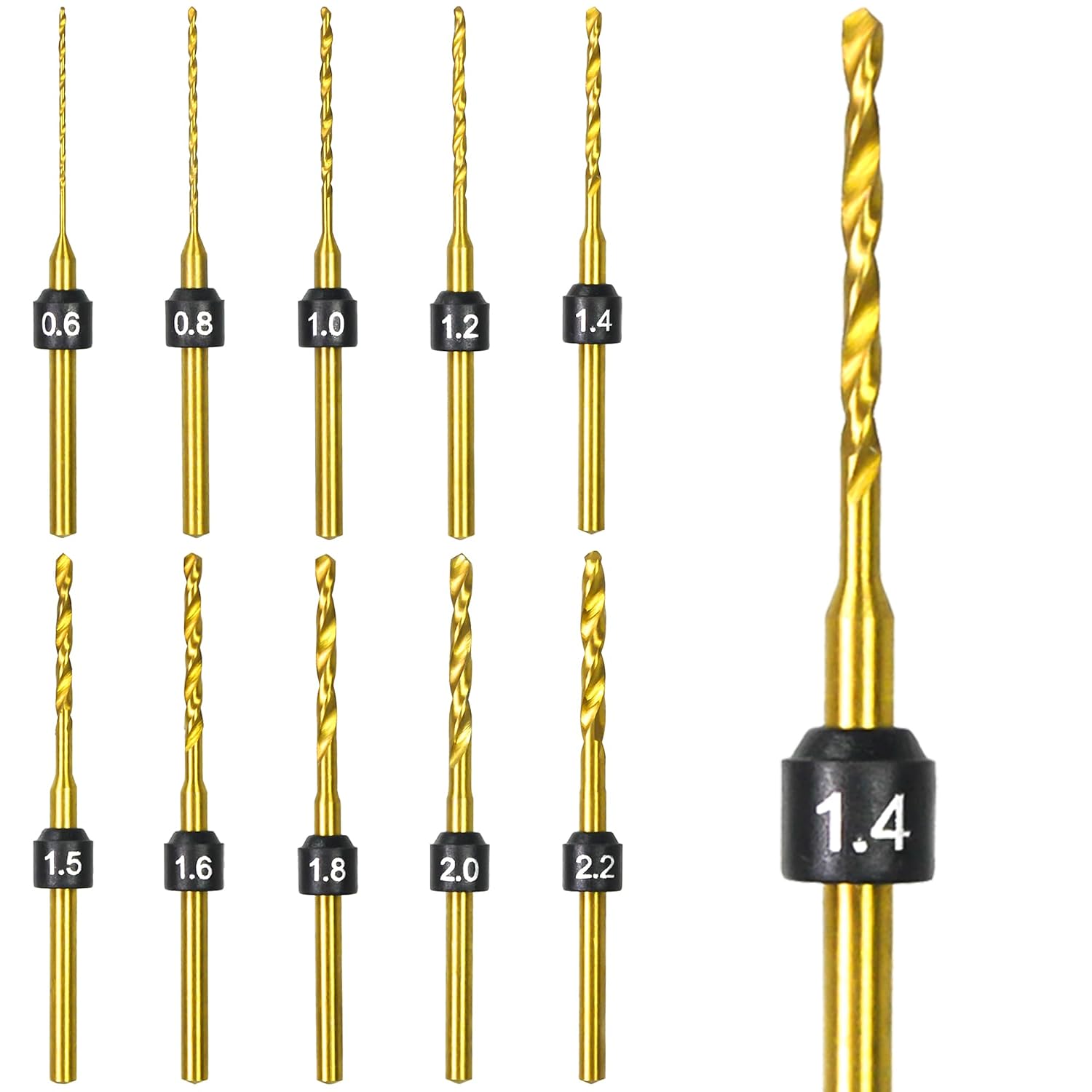 ARROWMAX 10Pcs PCB Micro Drill Bit Set, 2.35mm (3/32") Shank (0.5-2.3mm) | Coated Mini Twist Drill Bits with Size Ring Collars, Metal Drill Bits for Resin, Jewelry, Acrylic, Plastic, Wood, PCB, DIY