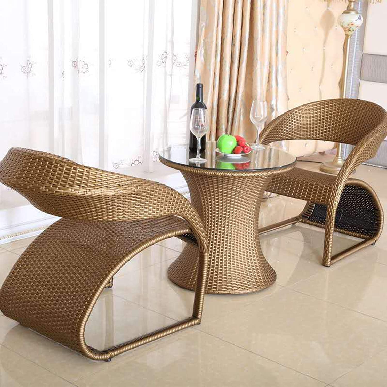 DEVOKO All Weather Wicker Outdoor 3 Piece Patio Furniture Set & Glass Table Top for Porch, Backyard, Garden, Balcony, Terrace, Poolside (Golden), 61 cm, 71.1 cm