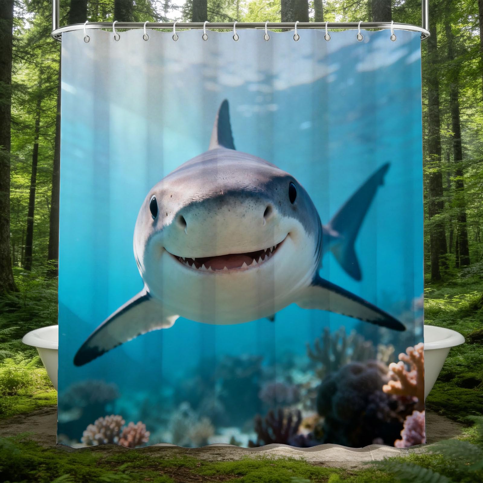Hongduo 3D Coral Shark Shower Curtain for Stalls Bathtubs Ocean Life Bathroom Decor Shower Curtain Set Polyester Fabric Waterproof 180x200cm/71X79 Inch with Hooks