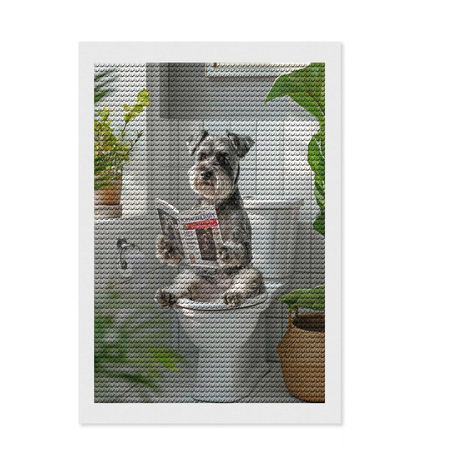 Junmoney Schnauzer Dog Reading on Toilet Diamond Art Canvas 8"x12", Easy to Follow Symbols, Easy Handmade Project, Boho Decor, Holiday Gift Idea