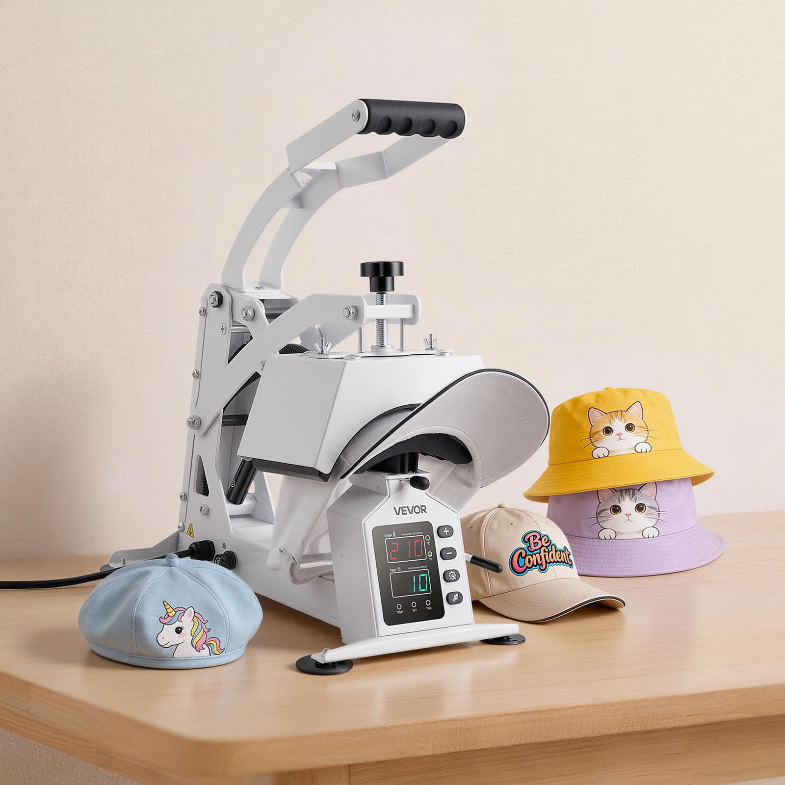 VEVOR Pressa a Caldo per Cappelli, Pressa per Trasferimento Termico di Cappelli 580 W Fai-da-Te Piastra Riscaldante 215 x 100 mm per Pressa Termica, Macchina per Pressatura Caldo Controllo LED