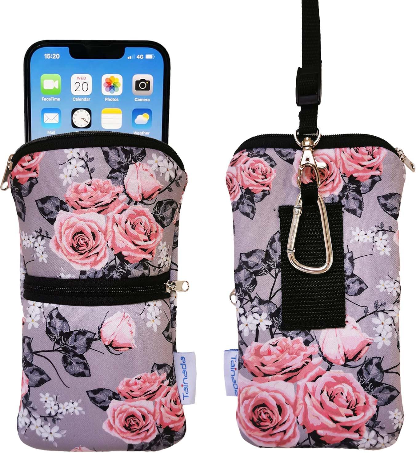 Tainada Zipper Neck Cell Phone Pouch Bag w/Belt Loop Holster (Gray Floral) | For Women/Ladies; Dual zip water-resistant neoprene shockproof cellphone holder case carrier w/ clip; Fits most smartphones