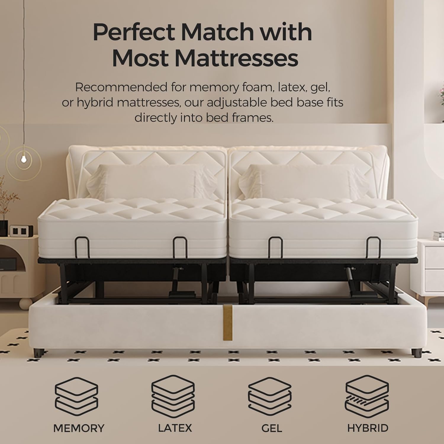 QFP adjustable bed frame showing compatibility with various mattress types