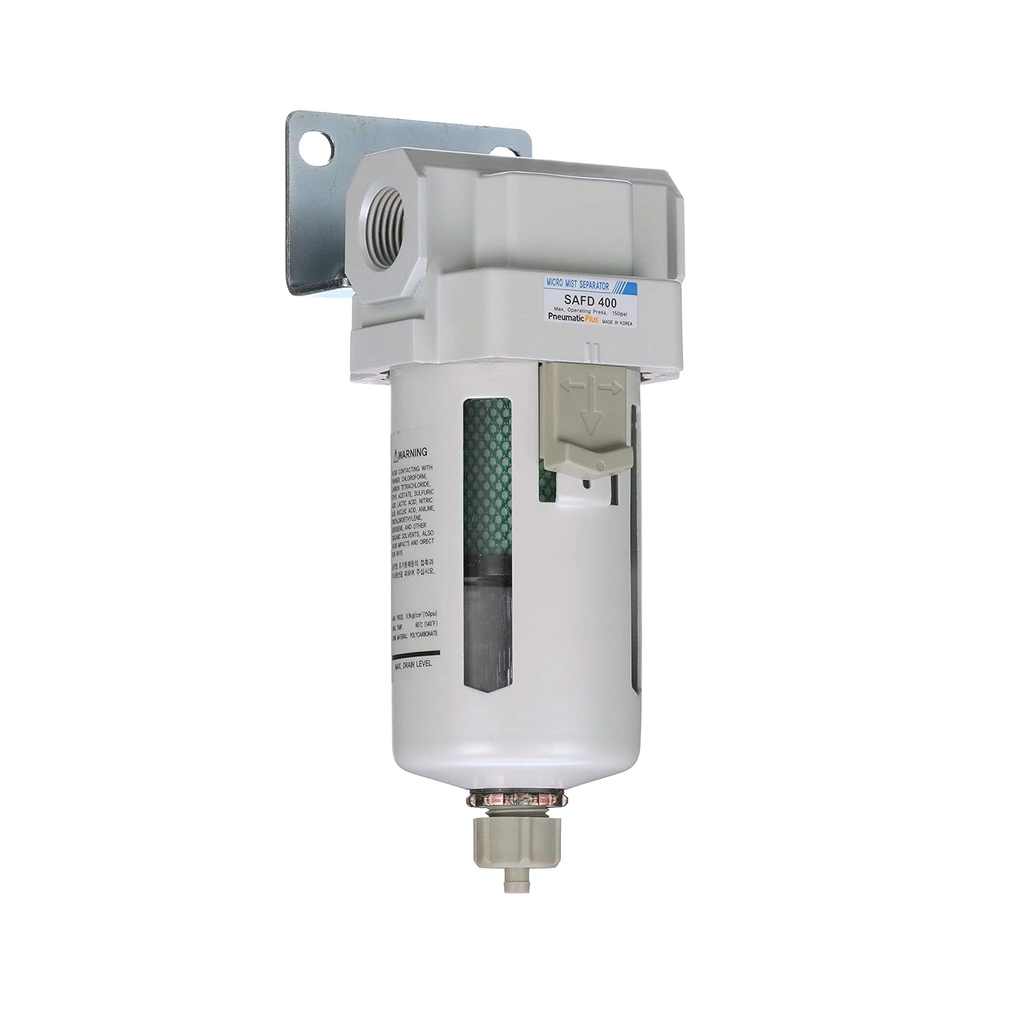 PneumaticPlus SAFM400-N04B Compressed Air Coalescing Filter, 0.1 Micron, 1/2" NPT - Poly Bowl, Manual Drain, Bracket