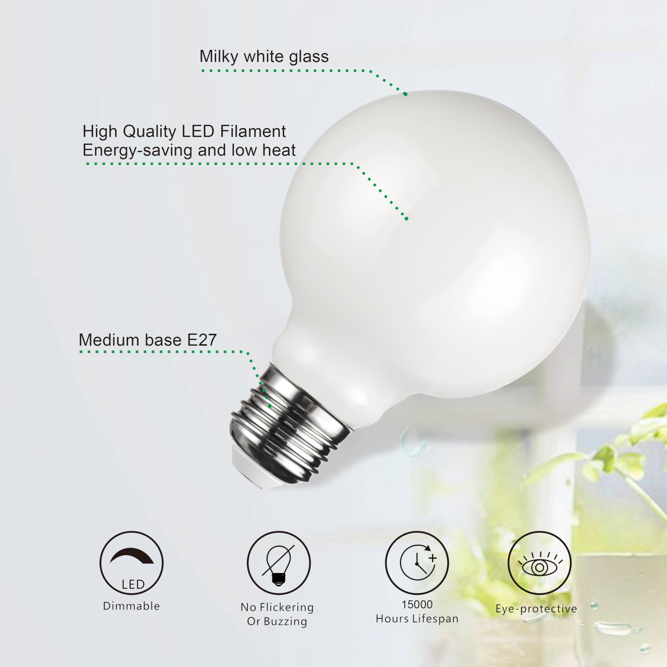 SD LUX G80 E27 Vintage Globe Decorative Edison LED Bulbs(Non-dimmable) 8W 1000lm (Equi. 100W), CRI>90, 2700K Warm White (White, 3PC) - Image 3