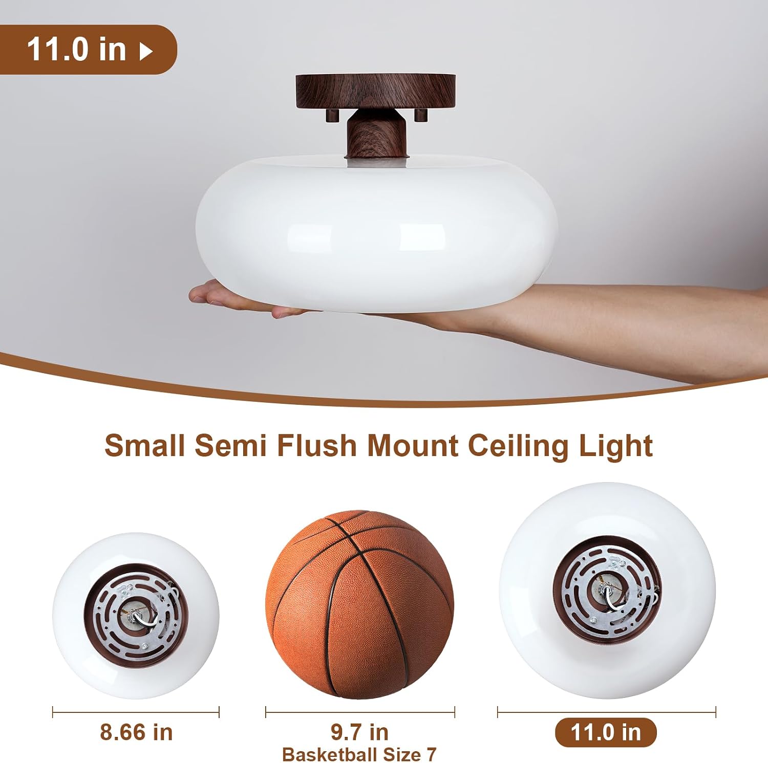 WOKNOS Mid-Century Modern Semi Flush Mount Ceiling Light, Faux Walnut Wood Kitchen Light Fixtures with Glass Shade, Vintage White Close to Ceiling Lamp for Entryway Hallway Bathroom (11.0 Inch)