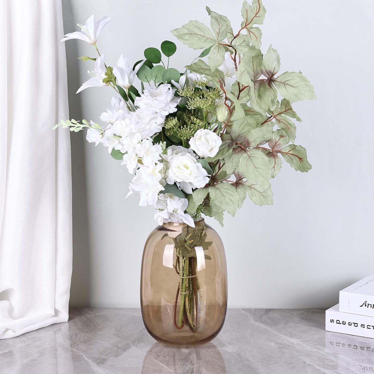 Amber Vase,Brown Glass,Round Art,Modern Clear Glass Vase,Decorative Bottles for Home Decor,Farmhouse Centerpiece,Wide for Living Room, Kitchen,Office, Dining (Brown)