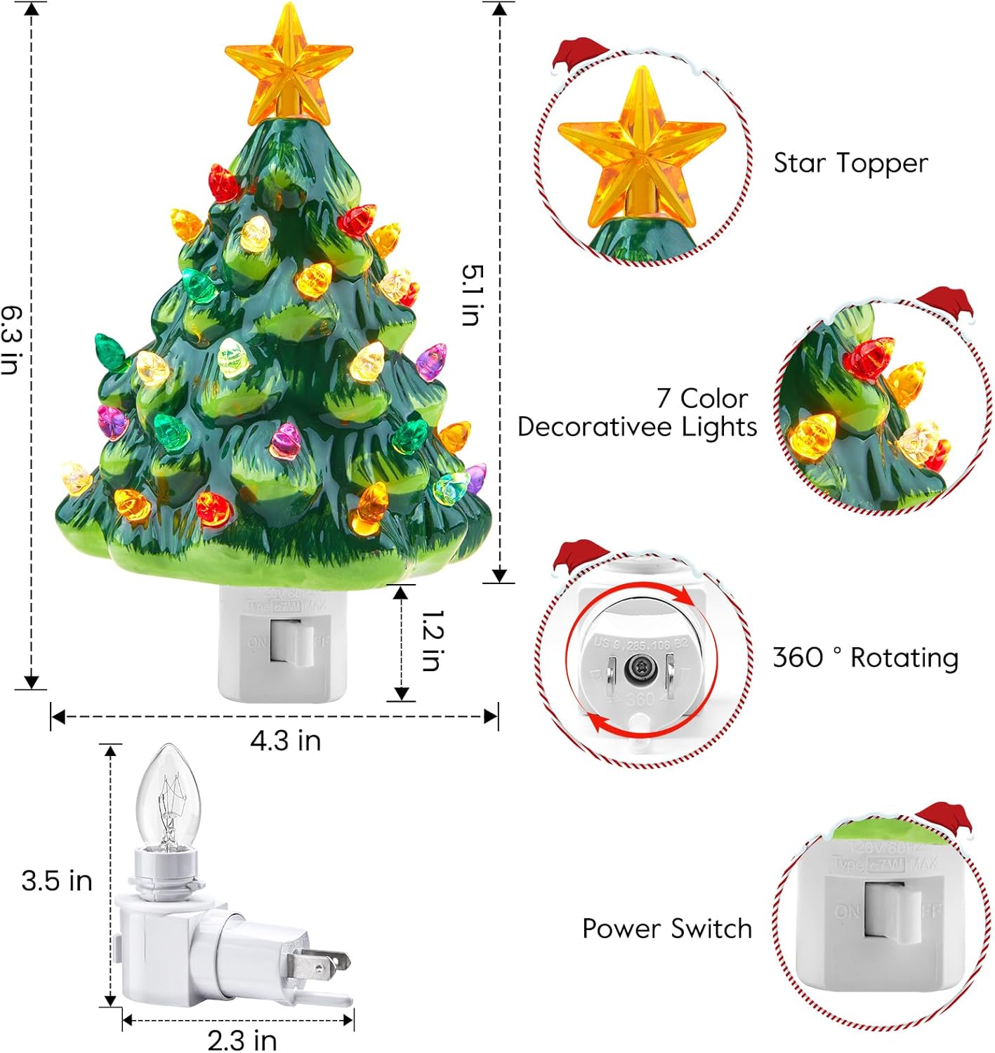 Brightown Ceramic Christmas Tree Night Light - 2 Pack Vintage Christmas Night Light with ON/Off Switch, 6" Decorative Ceramic Tree Light for Bedroom Living Room Xmas Holiday Decor, Green and White