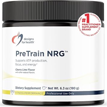 Designs for Health PreTrain NRG Drink Mix - Pre-Workout Powder with Creatine + Green Coffee - Supports Focus, Power + Mental Energy in Athletes - None-GMO, Cherry Lime Flavor (20 Servings / 180g)