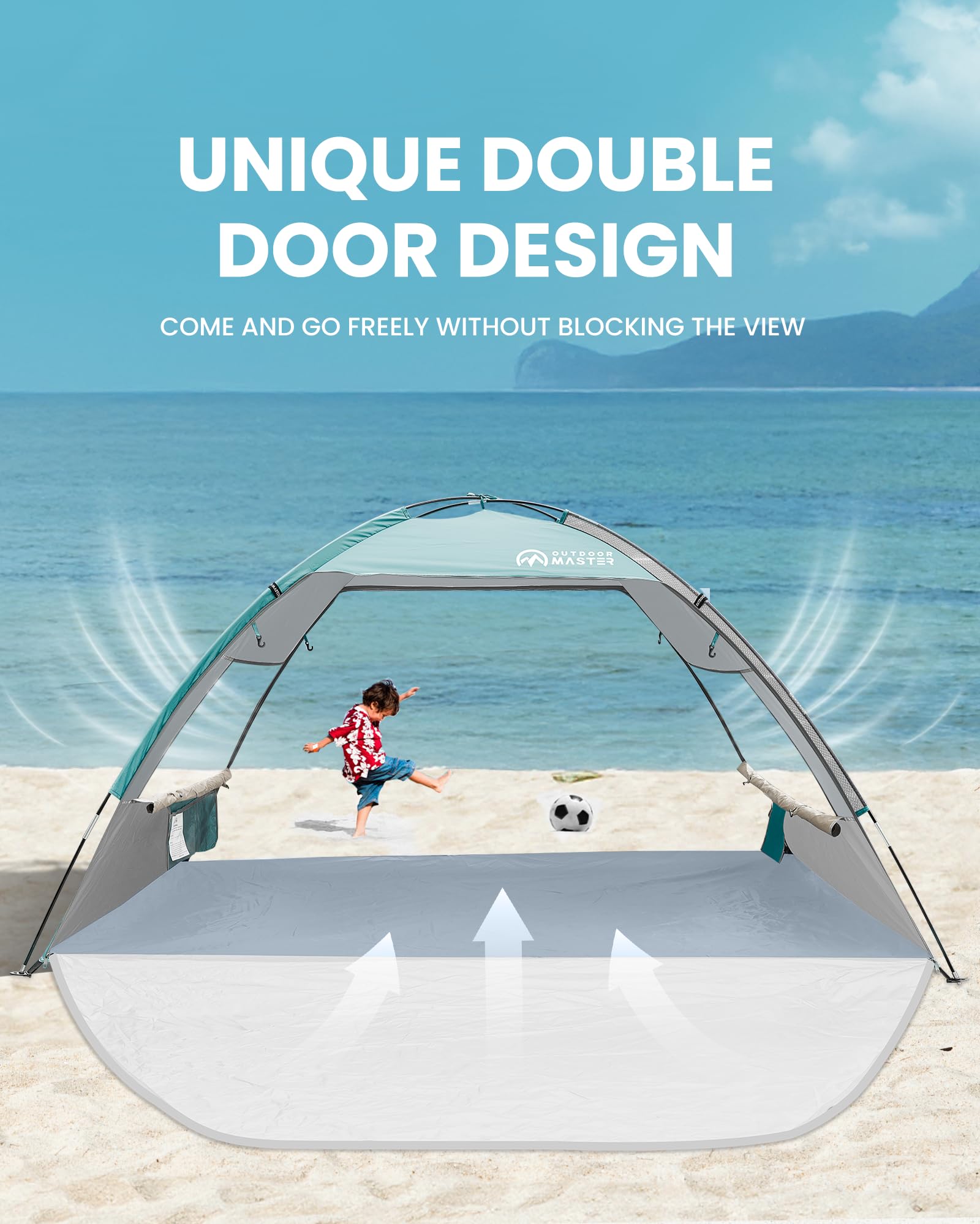 OutdoorMaster Tente de Plage pour 3 Personnes avec 2 Portes, abri Pare-Soleil Facile à Installer, auvent de Plage Portable avec Protection UV UPF 50+, Sol Extensible avec Sac de Transport