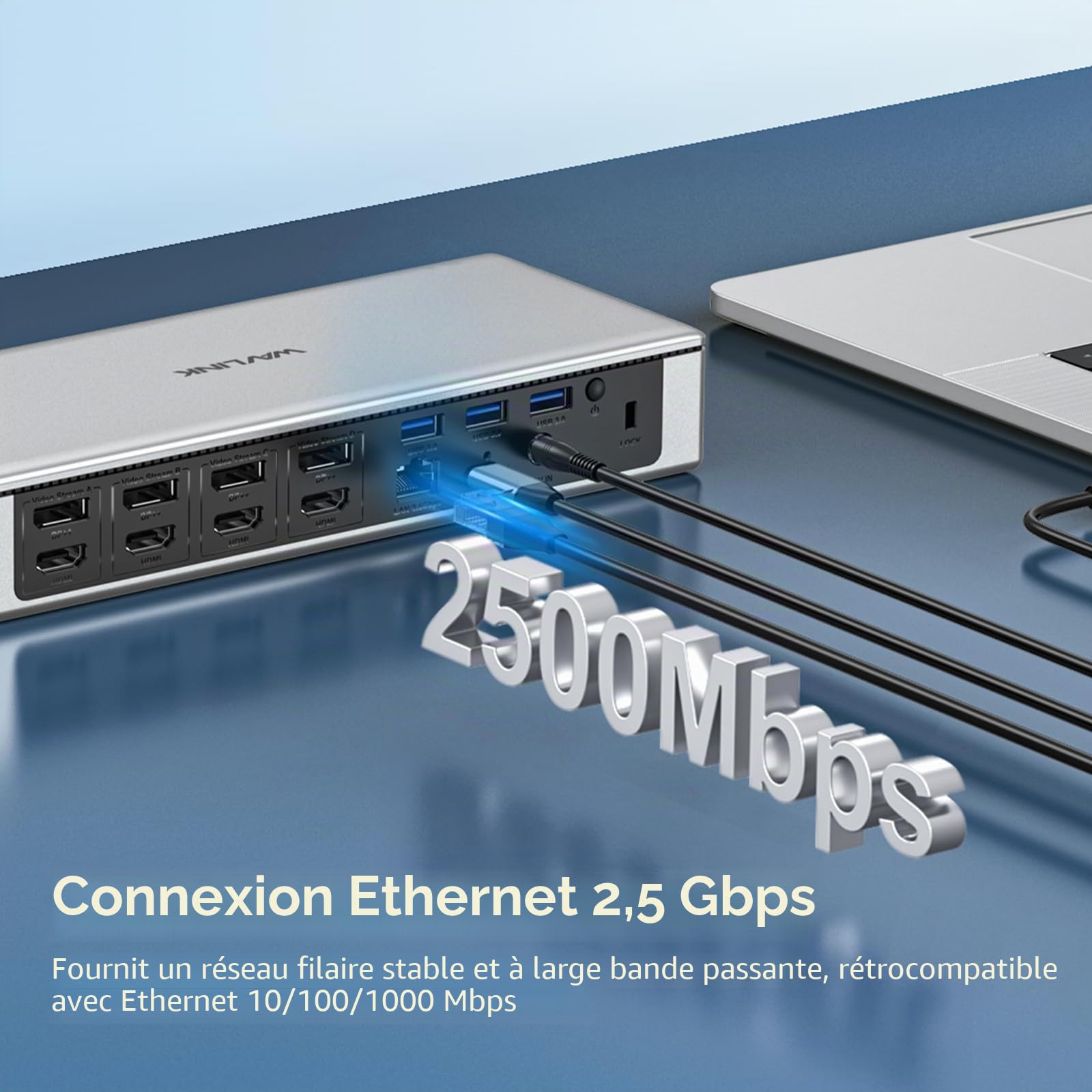 WAVLINK Dock USB C Quad Display 5K 4K@60Hz, Station d'accueil USB A pour MacBook Neo/Thunderbolt 3/4, Windows/Mac M1/2,4 HDMI,4 DP,2.5G RJ45,Alimentation AC180W,Transfert de données 10Gbps,SD/TF,Audio