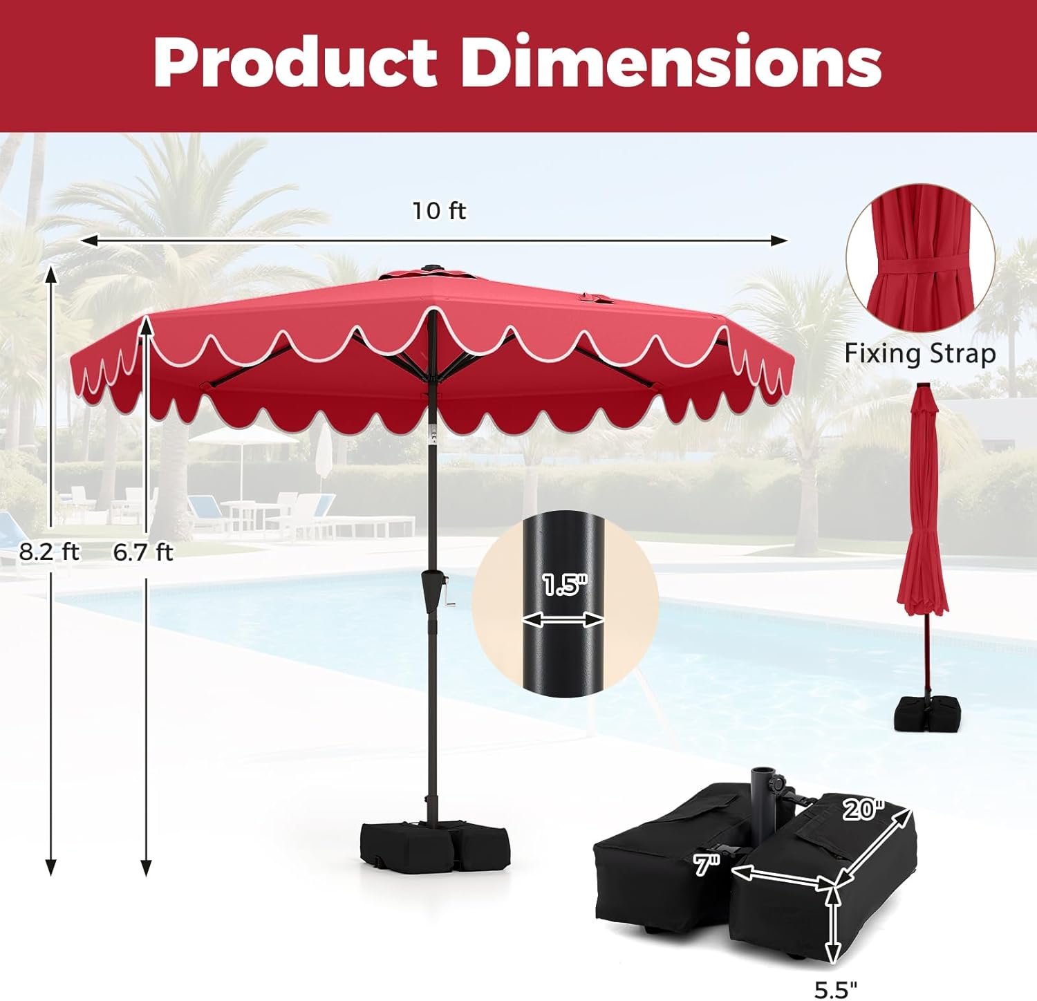 Tangkula 10 FT Patio Umbrella with Base Included, 2-Tiers Outdoor Scalloped Table Umbrella with 2 Sandbags, Tilt Adjustment, Crank, 8 Ribs for Market Backyard Pool Deck Beach Lawn