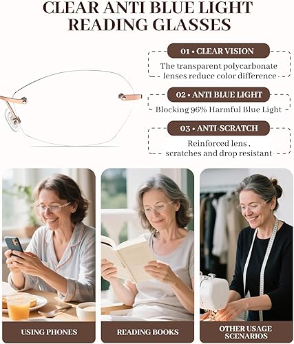 Miniatura 9 de LUFF Anteojos de lectura sin montura para mujer, bloqueo de luz azul, ligeros, de metal, clásicos, para lectura de computadora, antifatiga ocular