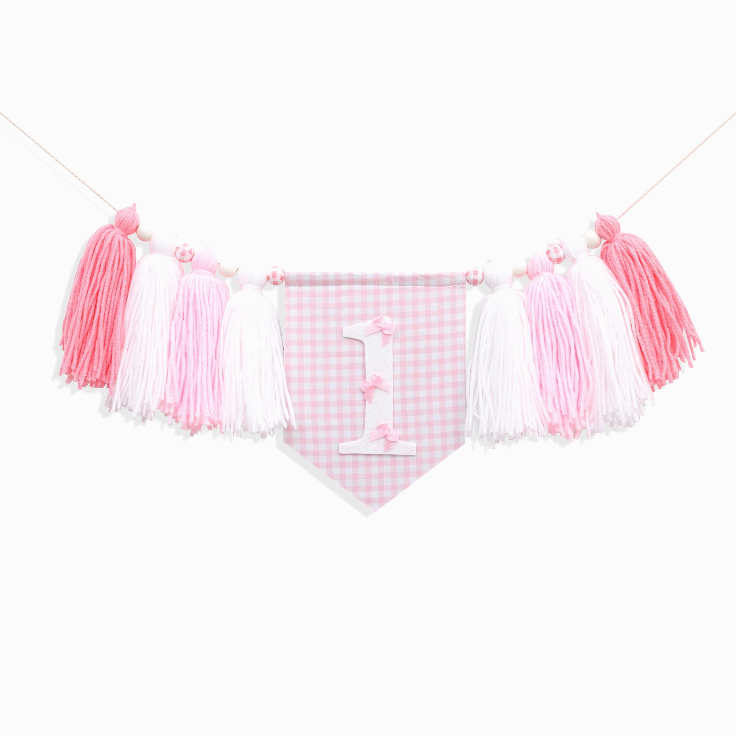 Pink Bow 1st Birhday High Chair Banner for Girls - Pink and White Gingham Tassel Highchair Banner, Coquette Girl 1st Birthday Decor, Girls Just Wanna Be One Bday Decorations