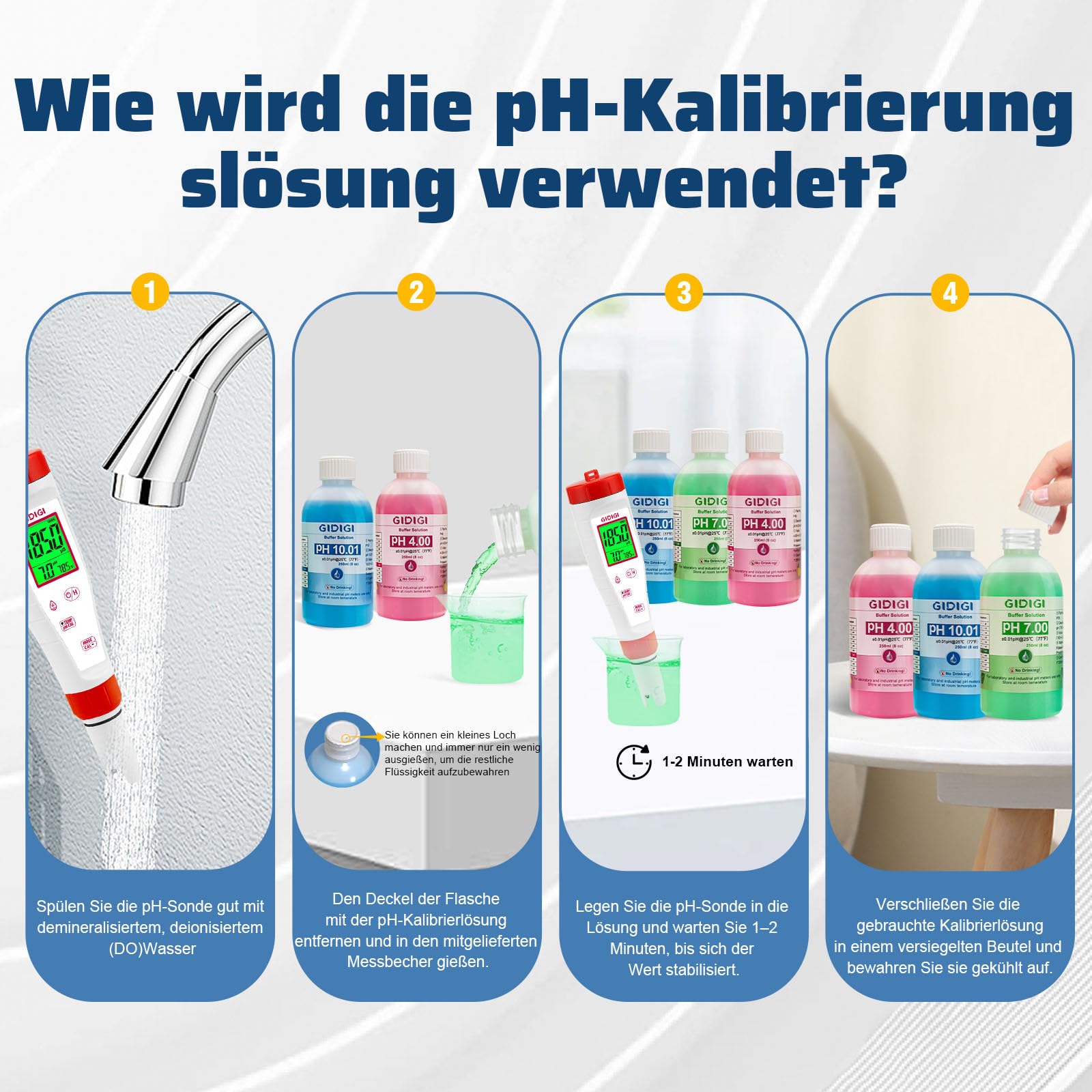 pH Messgerät Kalibrierungslösungs Kit, Enthält pH 4,00, 7,00 und pH 10,01 Lösung, pH Meter Sonden Kalibrierungslösungspuffer, pH Tester Zubehör 250 ml*3 (8,4 fl oz)