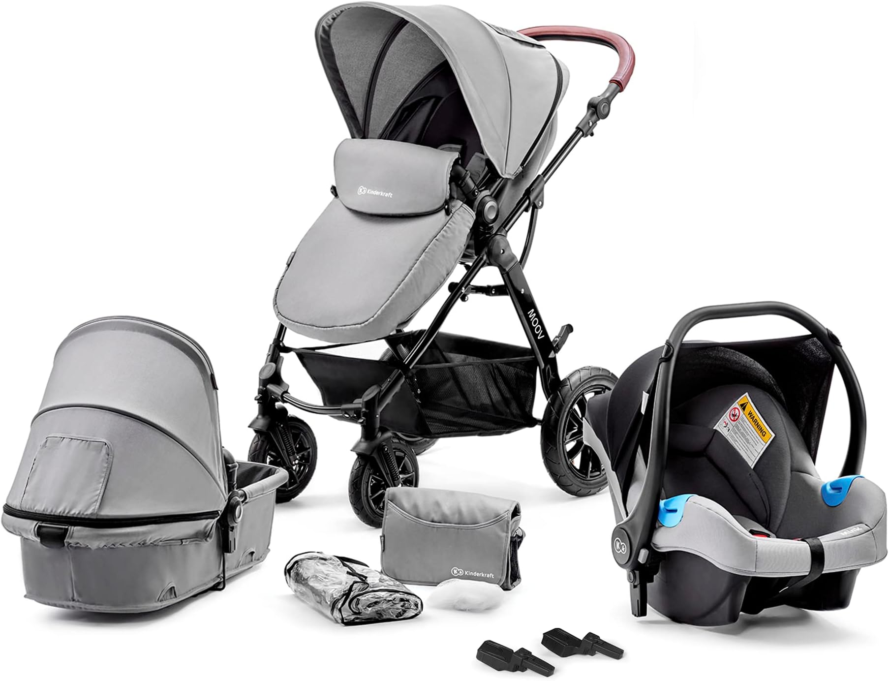 kk Kinderkraft Pram 3 in 1 Set MOOV, Travel System, Baby Pushchair, Rear and Front Facing, Foldable, with Infant Car Seat, Accessories, Rain Cover, Footmuff, Up to 3 Years, Gray