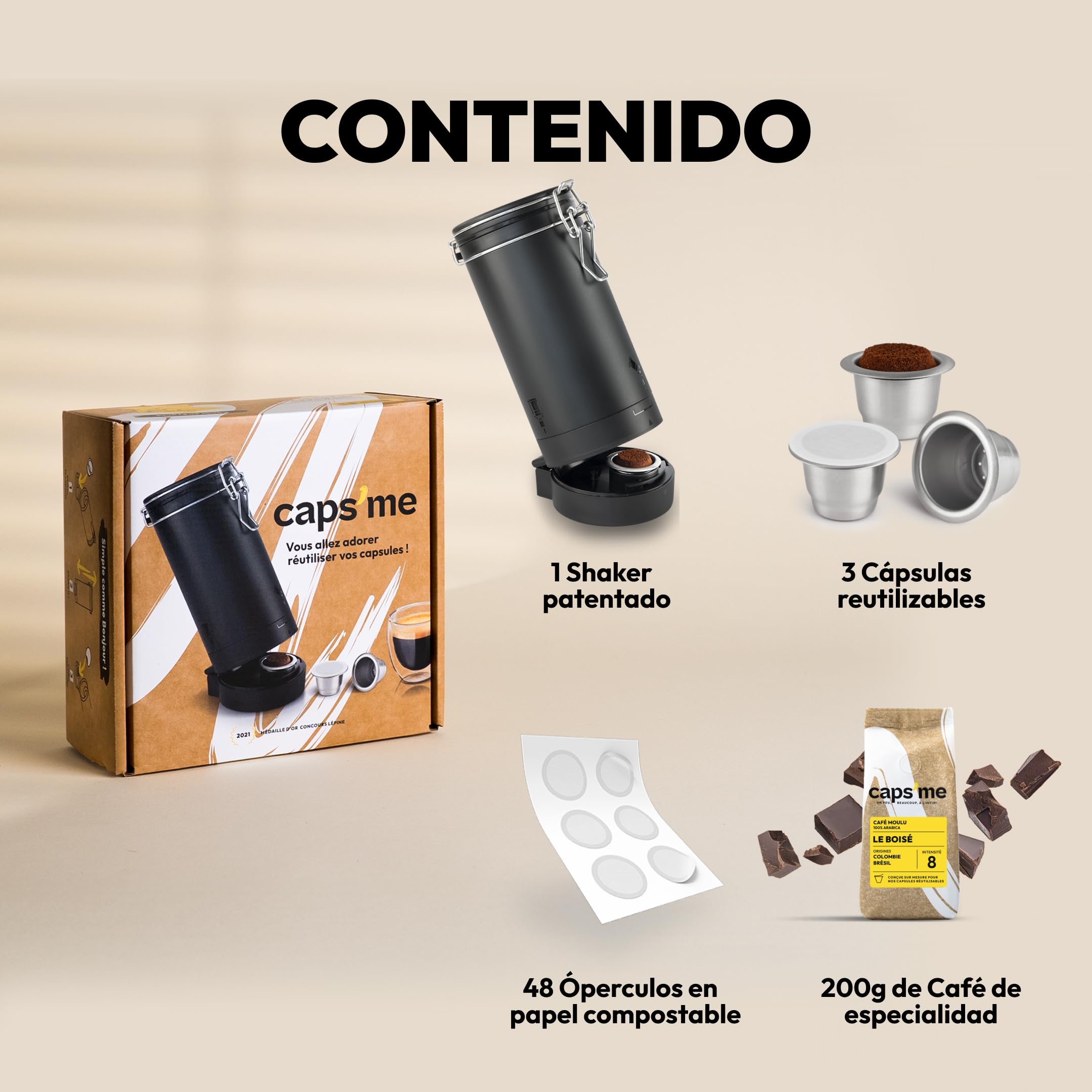 CAPS ME - Kit Completo de Cápsula Recargable para Nespresso Original (1 Agitador + 3 Cápsulas Reutilizables de Acero Inoxidable + 48 Tapas de Papel + Café Premium) - Regalo Económico y Ecológico.