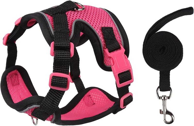 Peitoral com Guia para Gatos e Cães Pequenos Muejjur, Mesh Respirável Ajustável e Refletivo, Preto e Rosa, M