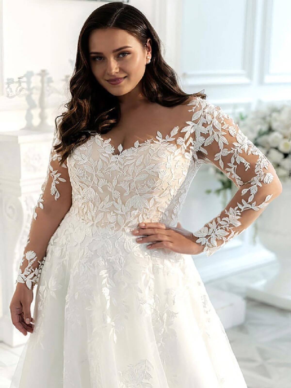 JAEDEN Spitze Brautkleid mit Ärmel Grosse Grössen Hochzeitskleider A-Linie Prinzessin Standesamt Brautkleider