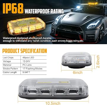 Rechargeable Amber Strobe Light for Truck,48LED 17 Flashing Modes,High Low Brightness,Beacon Rooftop Warning Hazard Traffic Lights w/Magnetic Base for Construction Vehicles