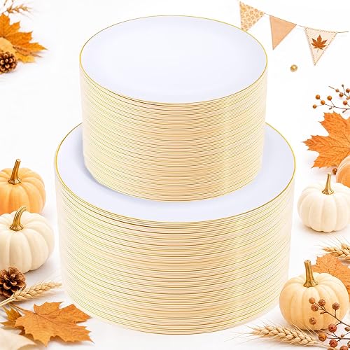 200PCS Gold Plastic Plates - Disposable Plates for Party - White Plastic Plates with Gold Rim Include 100 for Dinner and 100 for Dessert/Salad in Wedding/Party/Halloween/Thanksgiving