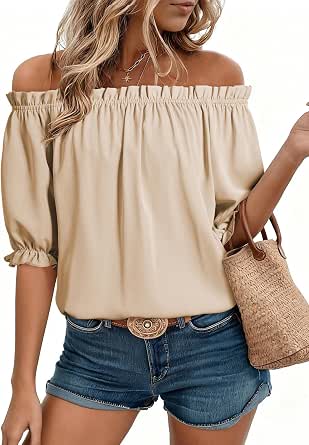 EVALESS Women's Off The Shoulder Blouses Dressy Casual Puff Sleeve Tops
