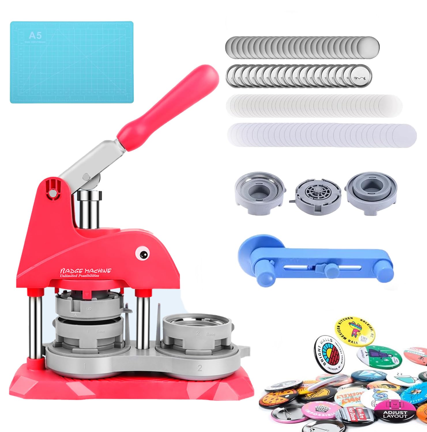 ZXGRfdefa Badge maker, 58mm Pin Button Maker With 100pcs Accessories & Circle Cutter, Custom Metal Badge Press Machine(Red)