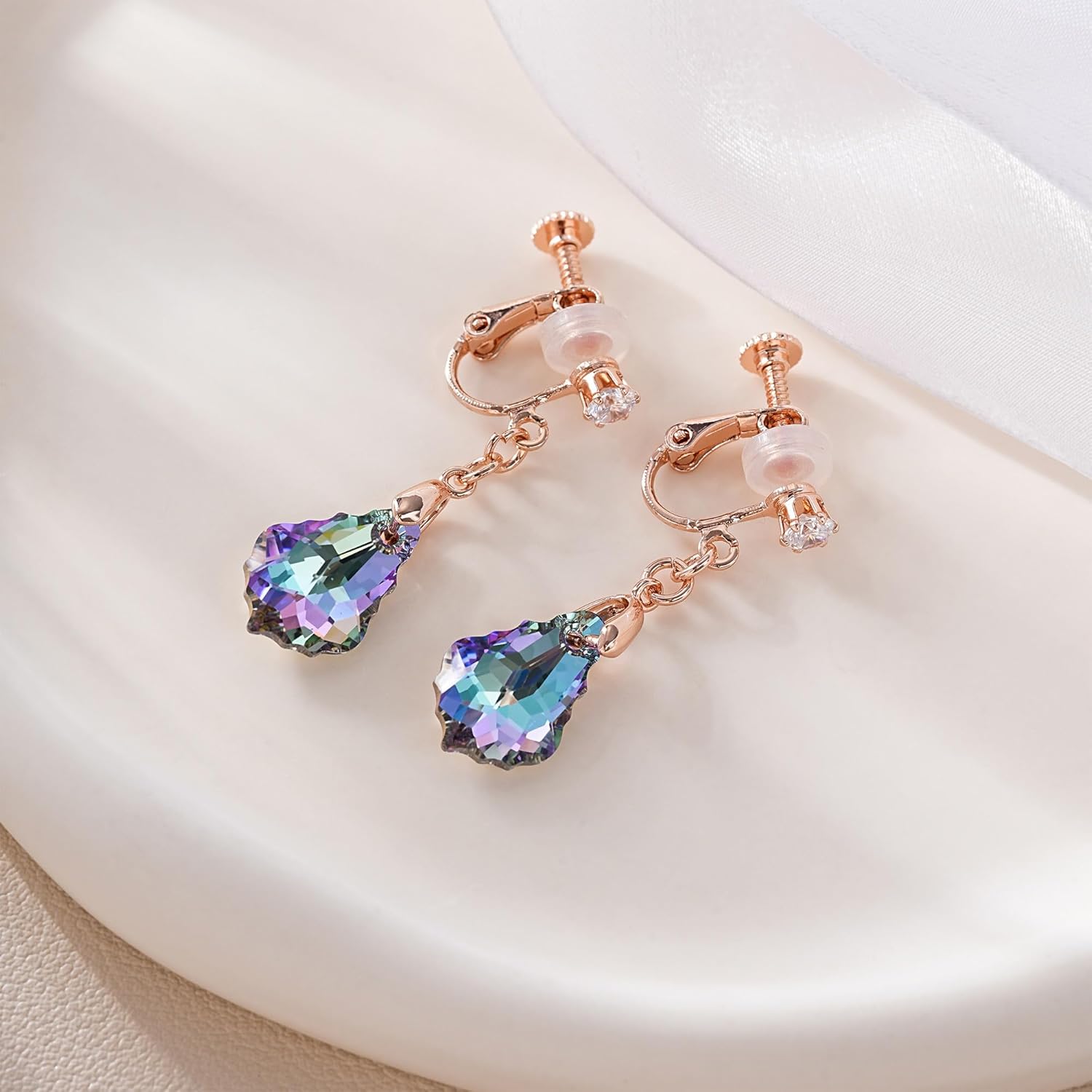 Austrian Crystal Baroque Drop Clip On Dangle Earrings for Women Non Pierced 14K Rose Gold Plated Hypoallergenic Jewelry - Image 4