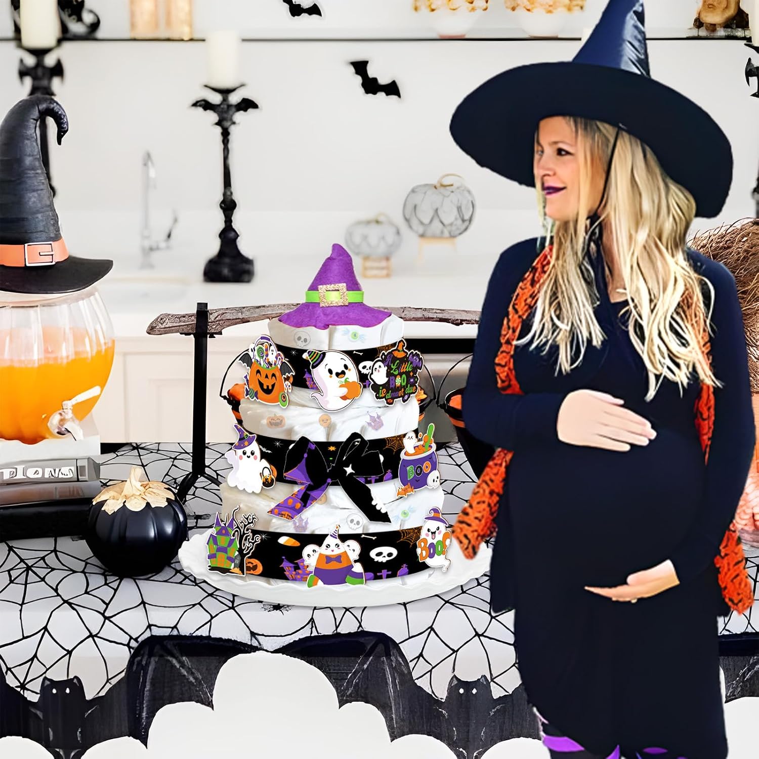 Halloween Baby Shower Diaper Cake Decorations for Women Boy Girl, Orange Green Purple Ghost Patterned Ribbons 5 Yard, A Little Boo is Almost Due Cards Gender Reveal Party