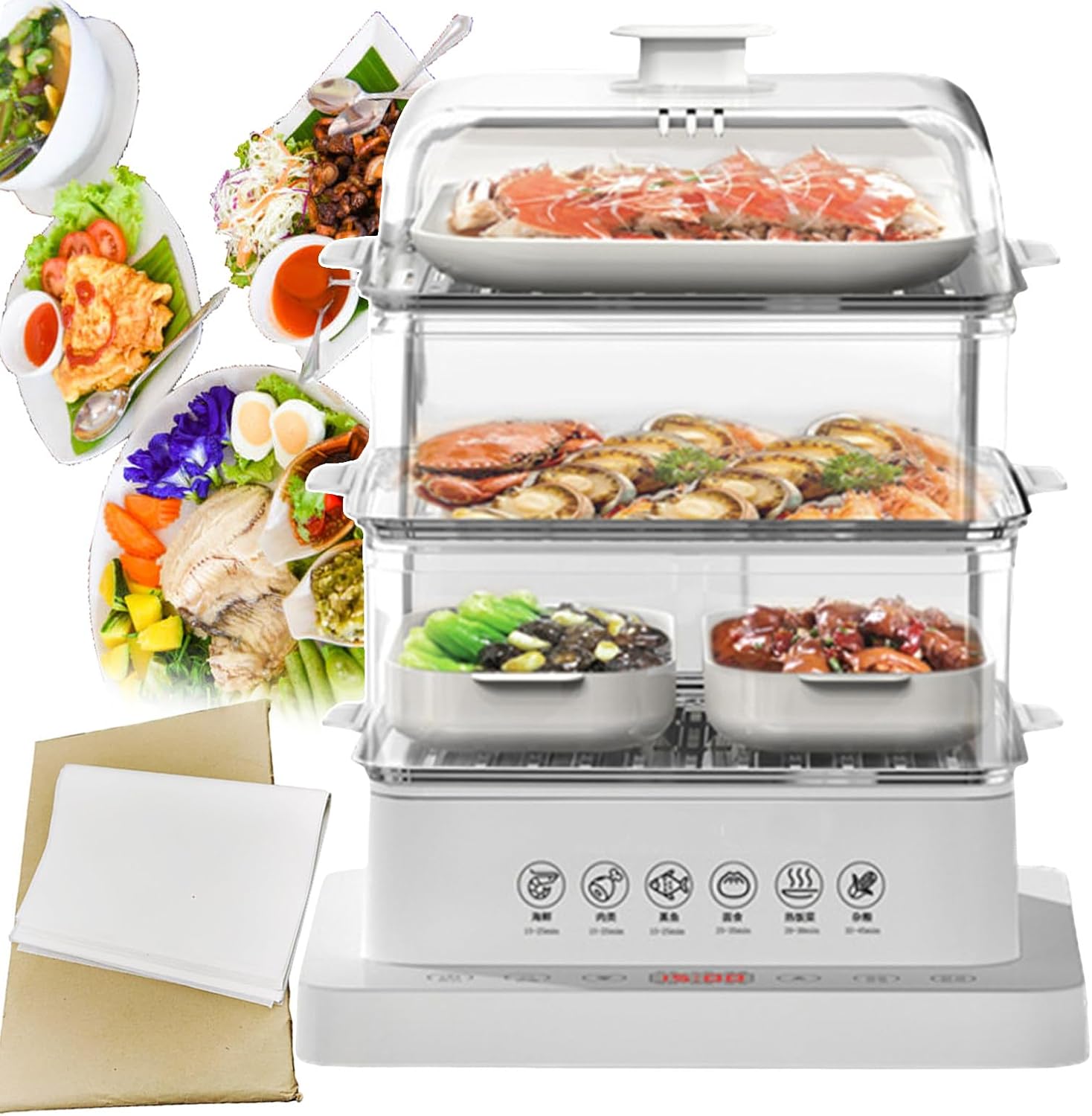 Foldable Food Steamer - 3-Layer Electric Steamer with Anti-Dry Burning - 12 Hours Reservation - Removable Kitchen Steamer - 40l - With 500* Baking Paper) - Steaming/Reservation/Timing