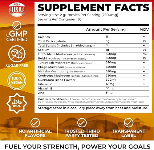 Miniatura 2 de Gomitas de hongos de 2500 mg, mezcla 10 en 1 con melena de león, cordyceps, cola de pavo, reishi, shiitake, chaga, maitake, zinc, vitamina C y B,
