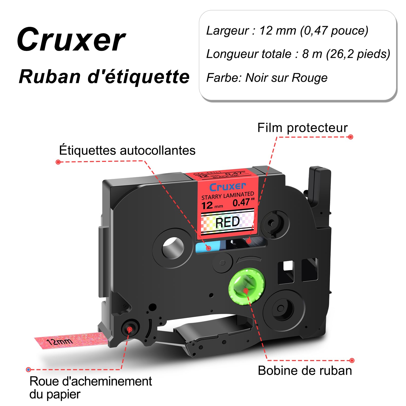Cruxer Lot de 30 Ruban compatible P-touch TZe-431L1 Noir sur Rouge 12 mm