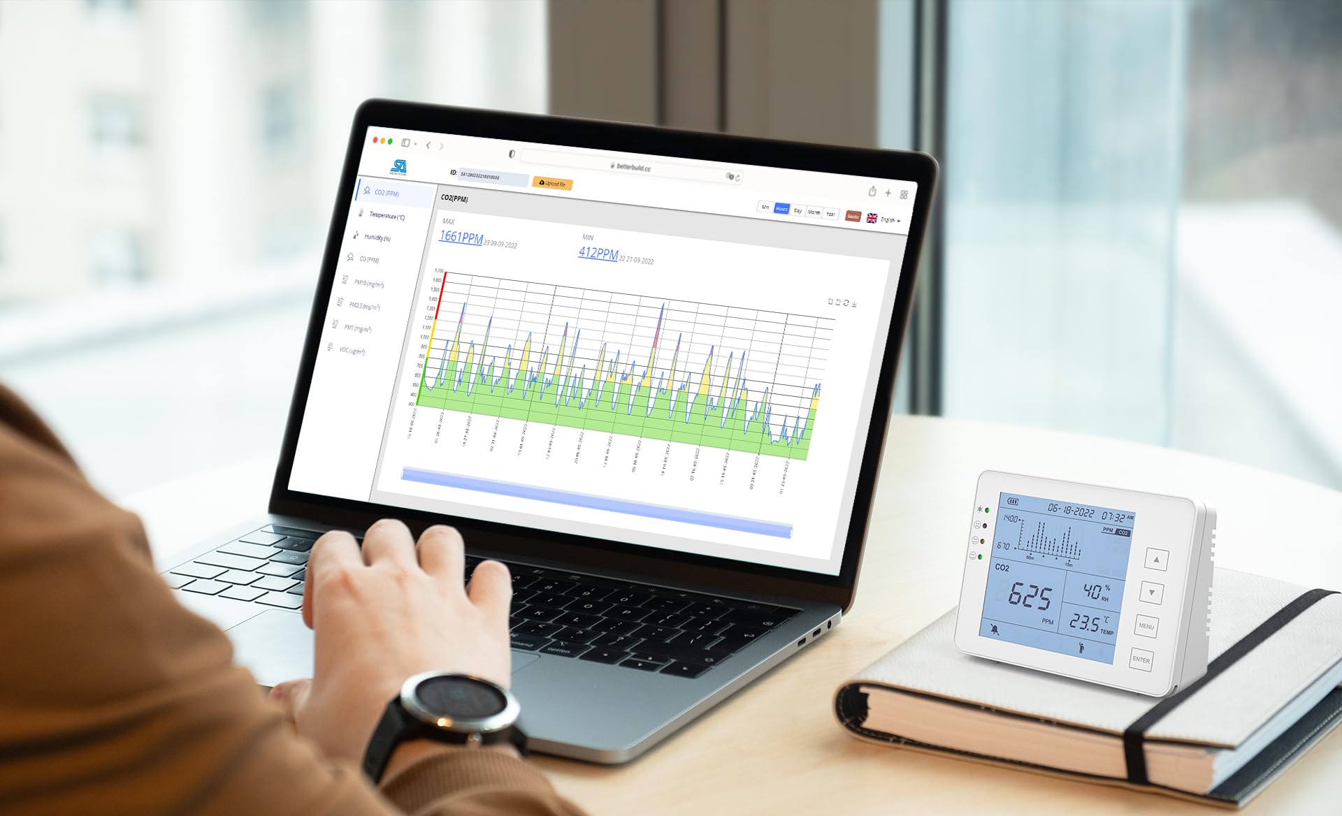 Detector 3 en 1 – Medidor CO2 Temperatura Humedad RH | Batería 10h | SA1300P | Sensor NDIR | Registrador de datos con alarma | para casa y ambientes interiores | Registrador de datos | Dióxido de