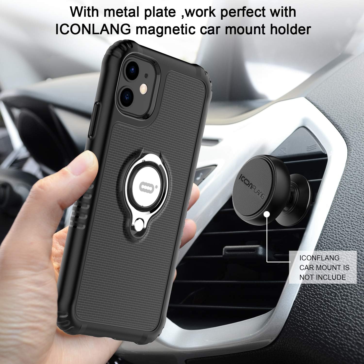 ICONFLANG Compatible Phone case for iPhone 11 with Ring Kickstand Shock Absorption Protection case [Compatible Magnetic Car Mount Holder] 6.1 inch(Black)