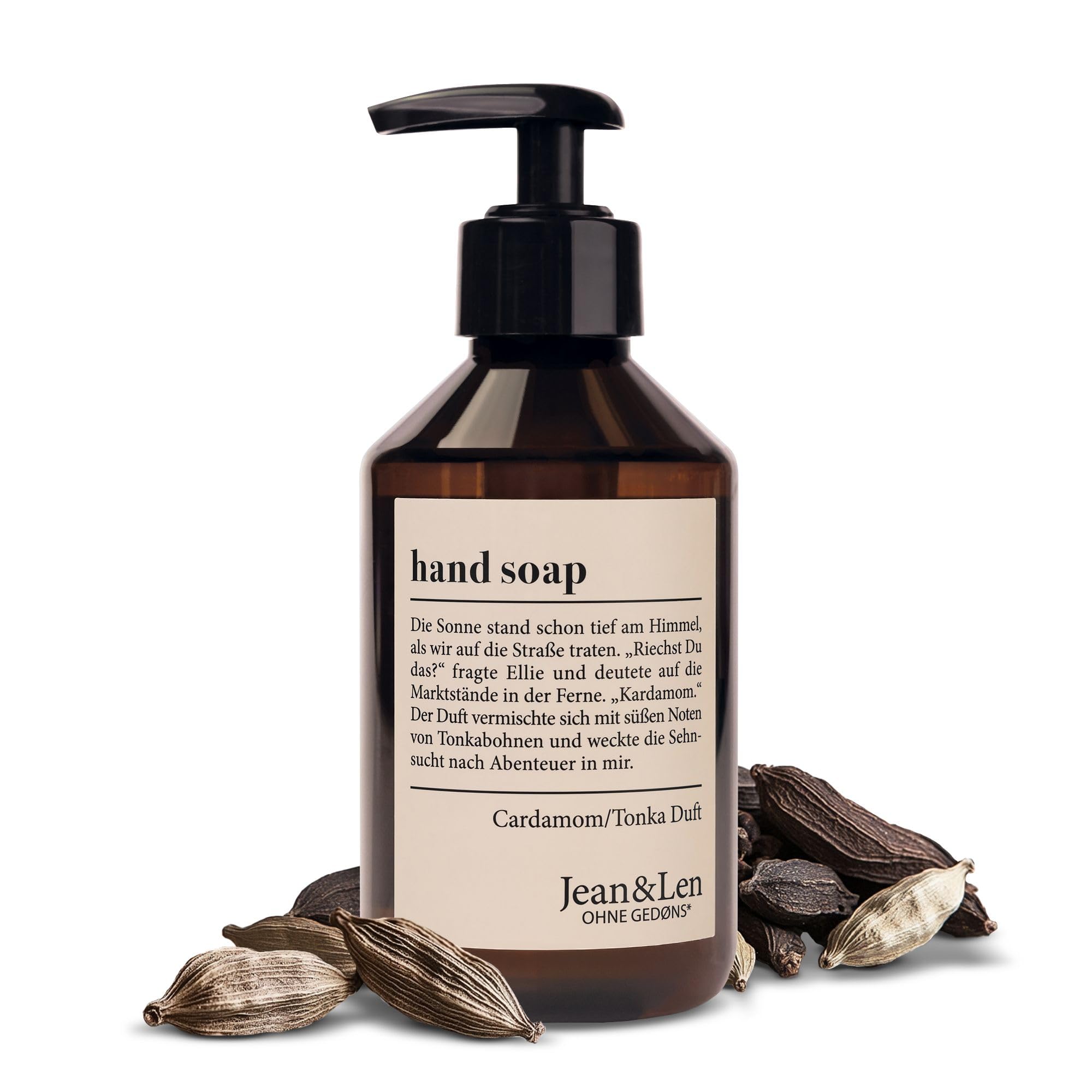 Jean & Len Jabón de manos Cardamom & Tonka, limpia las manos castigadas, apto para uso diario, jabón líquido en dosificador, aroma exótico y especiado, vegano, 250 ml