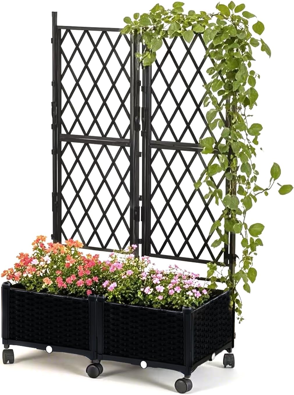 lalahoni Planter Box with Trellis, 4ft Tall Trellis Planter Box with Lockable Wheels for Outdoor Climbing Plants Tomato Flower Vegetable Herb Vine, Resin Self-Watering Raised Bed with Drainage Hole
