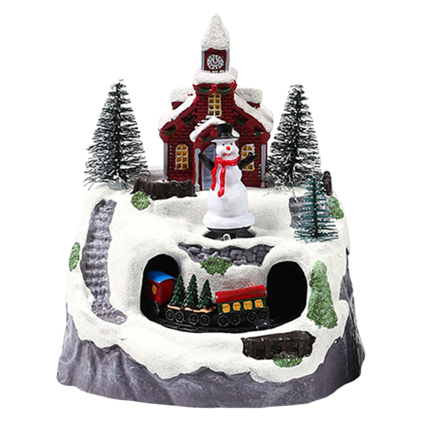 Operitacx Casa de Pueblo navideño con Tren en Movimiento, Figura de muñeco de Nieve iluminada con villancicos, construcción Coleccionable de Invierno para decoración del hogar, Centro de Mesa.