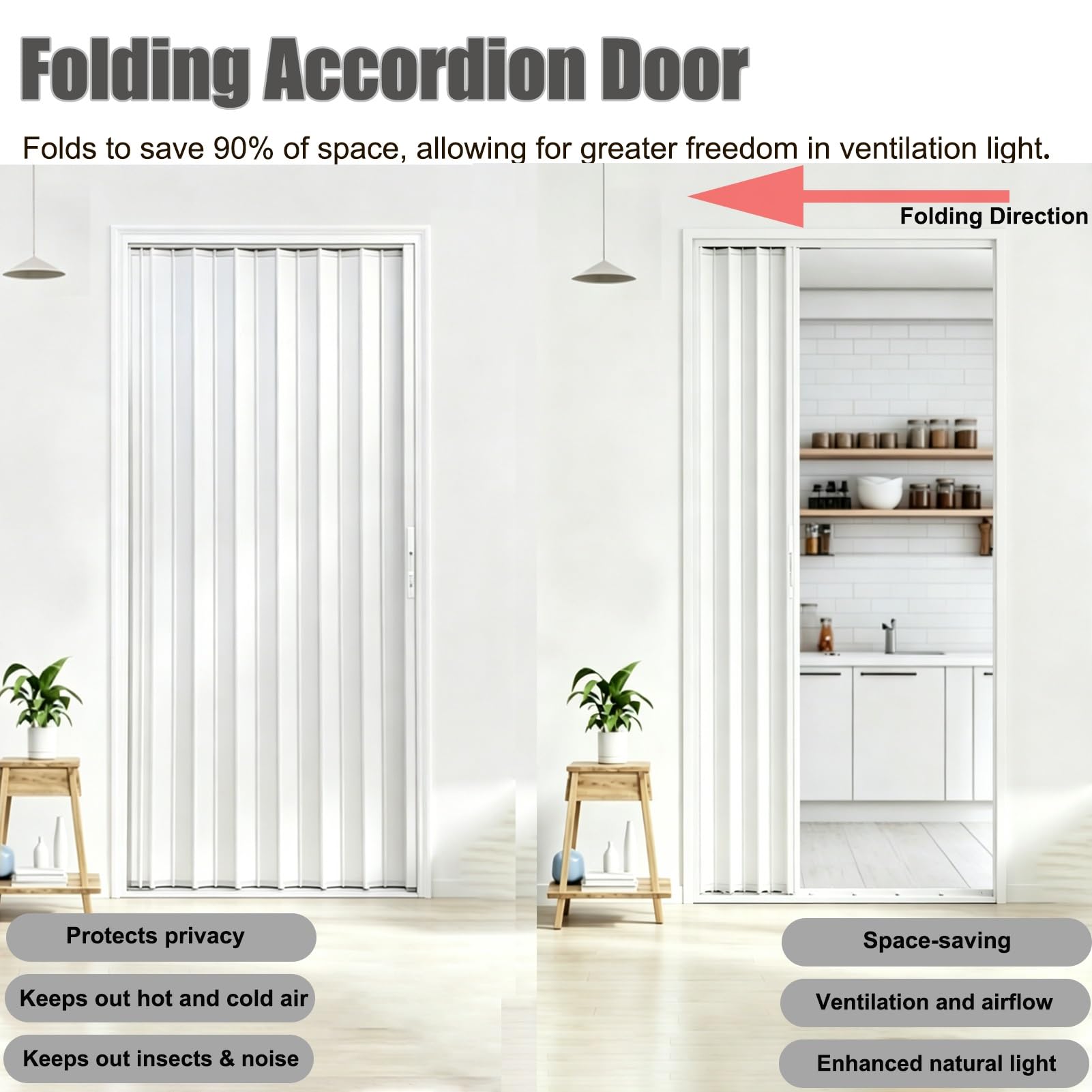 Porta a Soffietto Larghezze: 60 65 70 80 90 100 cm, Cancello a Soffietto Bianco con Serratura per Esterni, Porta Scorrevole Pieghevole per Divisorio Ambienti/Patio(39x98in/100x250cm)