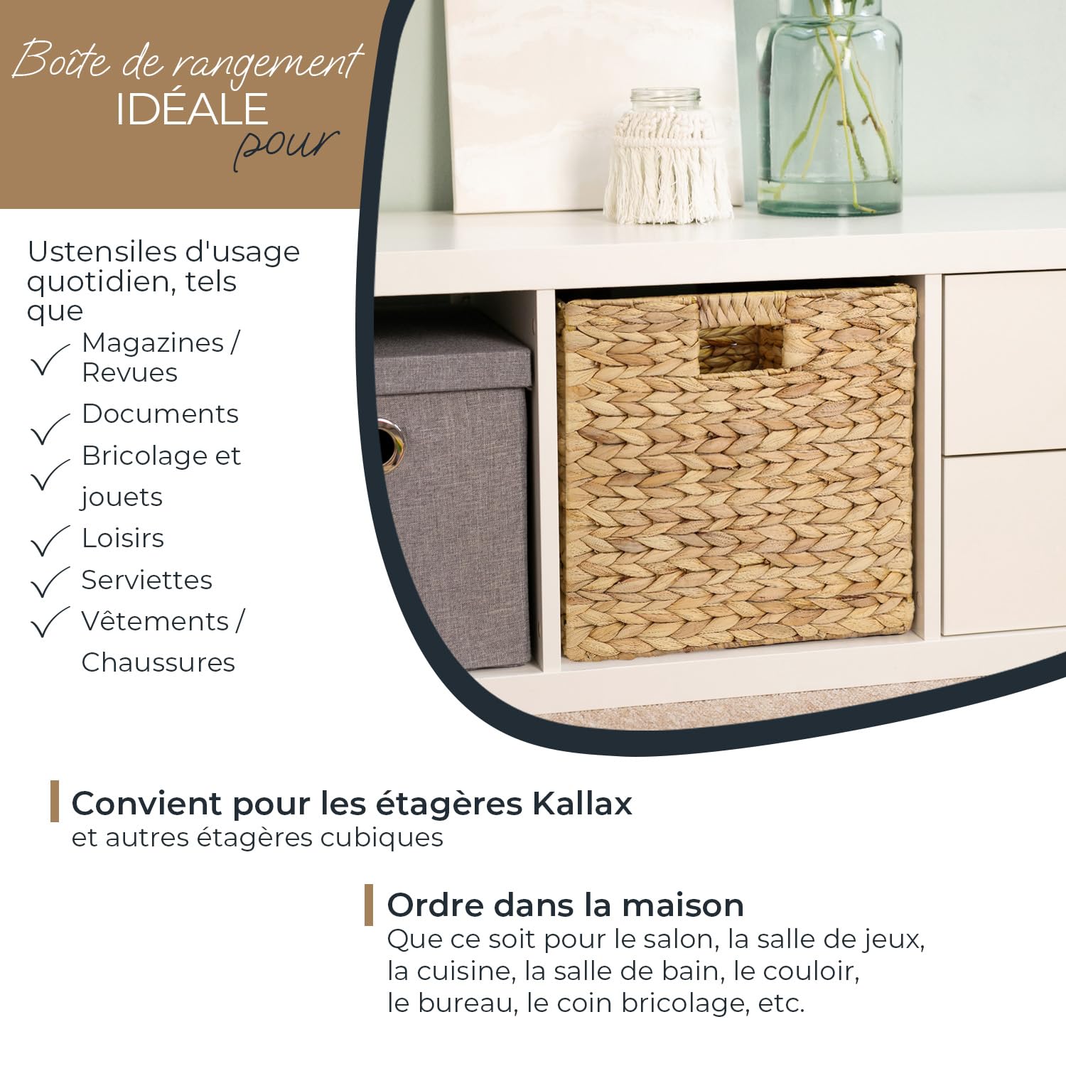 HMF Panier de rangement compatible avec étagère KALLAX, panier tressé en jacinthe d’eau avec poignées | Lot de 2 | 32 x 34,5 x 32 cm | Naturel