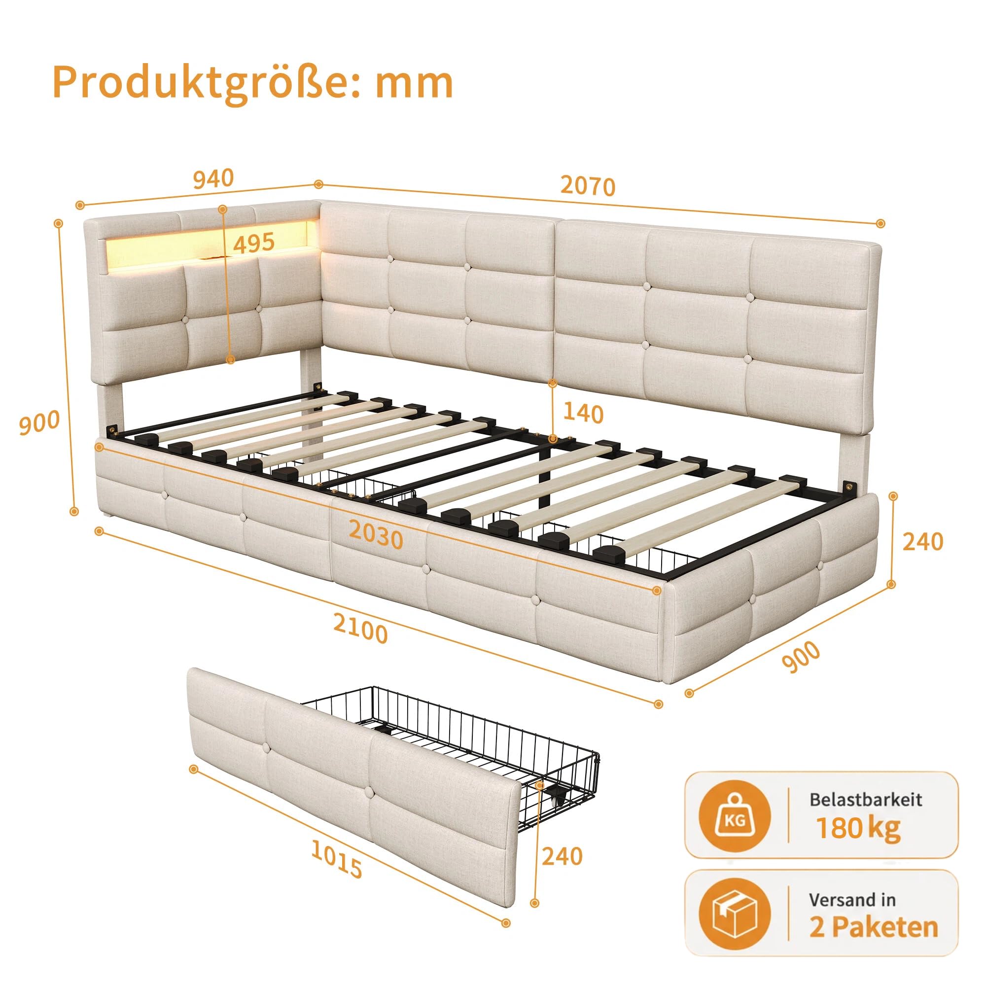 BRILVERDE Polsterbett 90x200 mit Schubladen, Jugendbett mit LED/USB-Licht, Schlafsofa mit Kopfteil, Tagesbett mit Lattenrost, Leinen (Beige, 90 x 200 cm)
