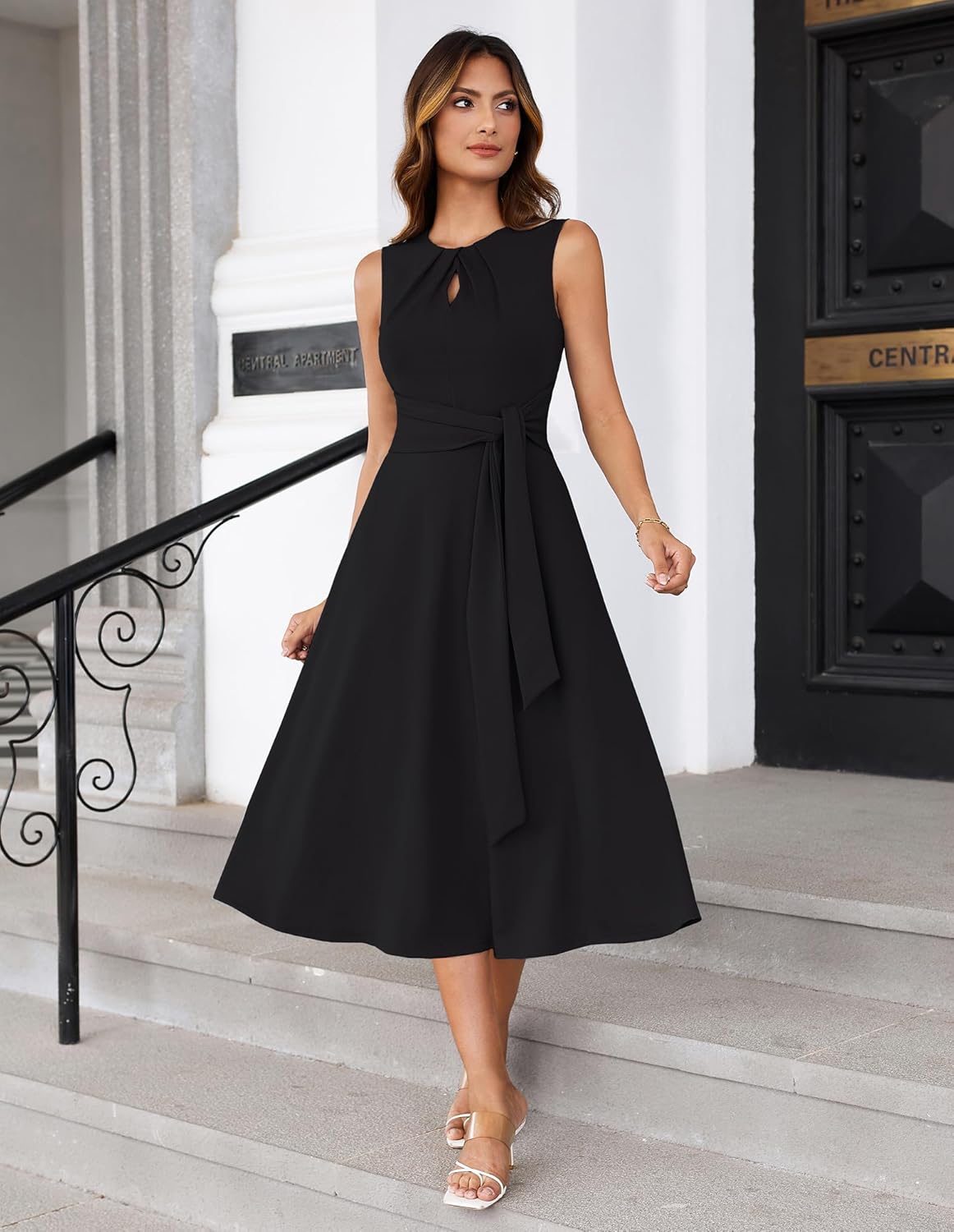 GRACE KARIN Women 2026 Work Dress Sleeveless Tie Waist Elegant Party Cocktail A Line Flowy Midi Dresses with Pockets - Image 4