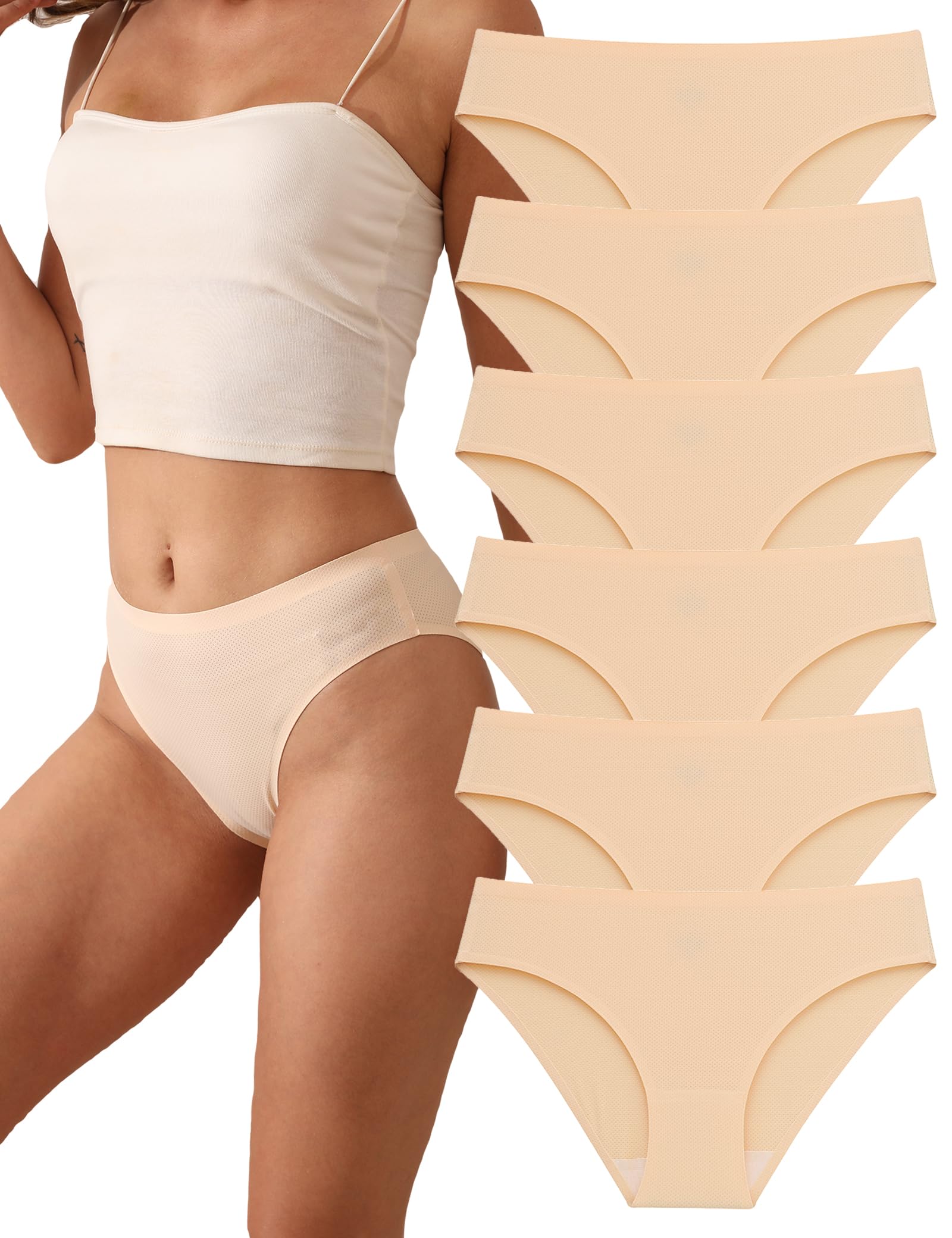 Women's Seamless Underwear 6-Pack - High Waisted Bikini Panties - Breathable &amp; Soft - 6 Beige - Size M