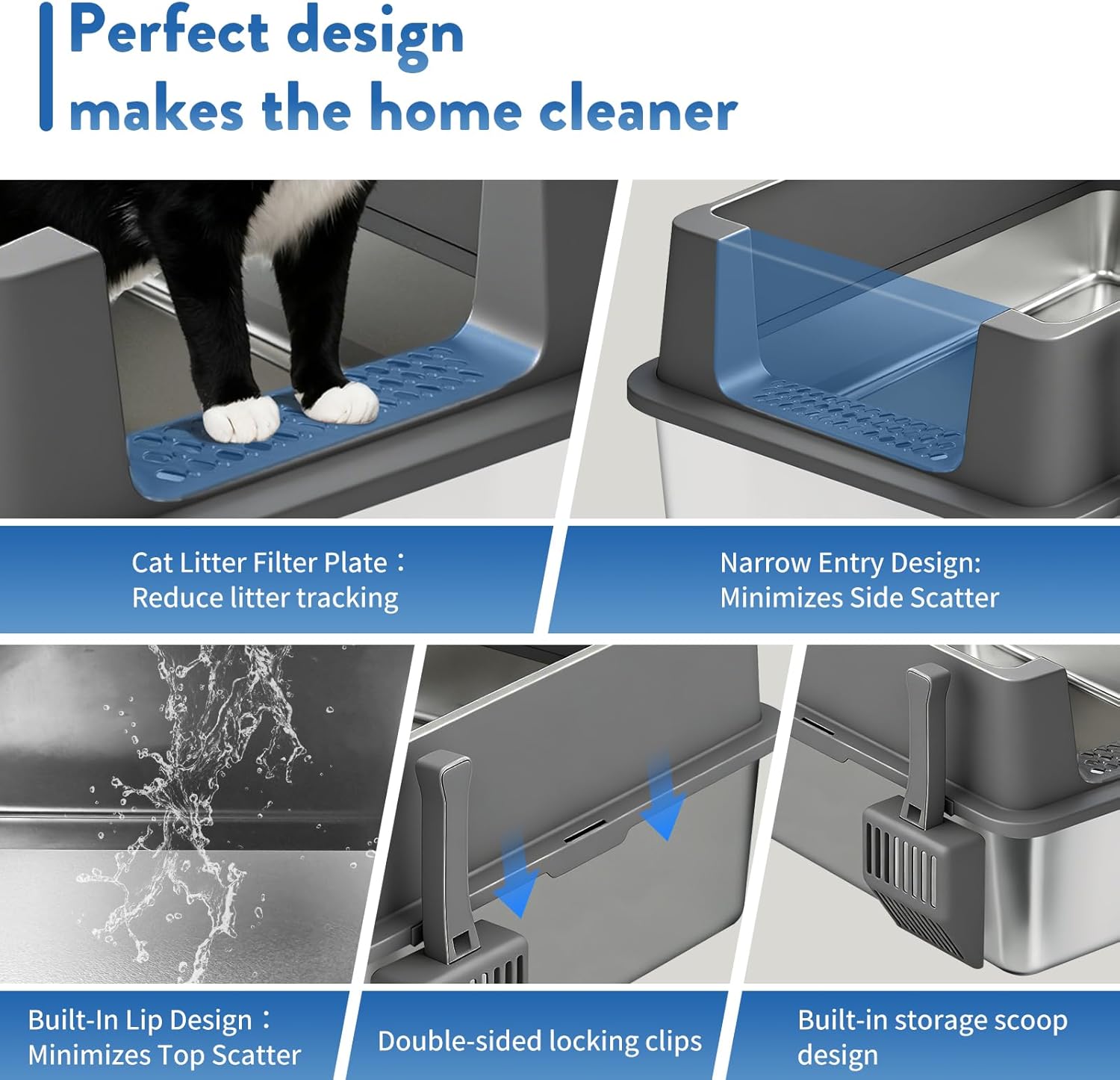 Stainless Steel Litter Box with Lid, Extra Large Metal Litter Boxes for Big Cats and Kitten, XXXL High Sided Littter Box,Odorless,Non-Stick,Easy Cleaning,Scoops Included
