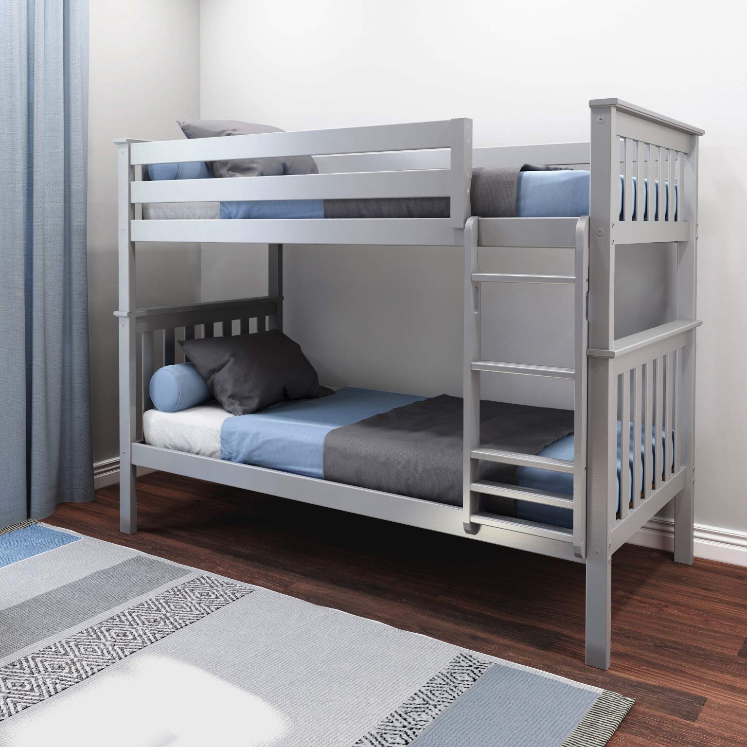 Max & Lily Bunk Bed Twin over Twin, Solid Wood Bunk Bed Frame with Ladder for Kids, 14" Safety Guardrails, Easy Assembly, No Box Spring Needed, Grey